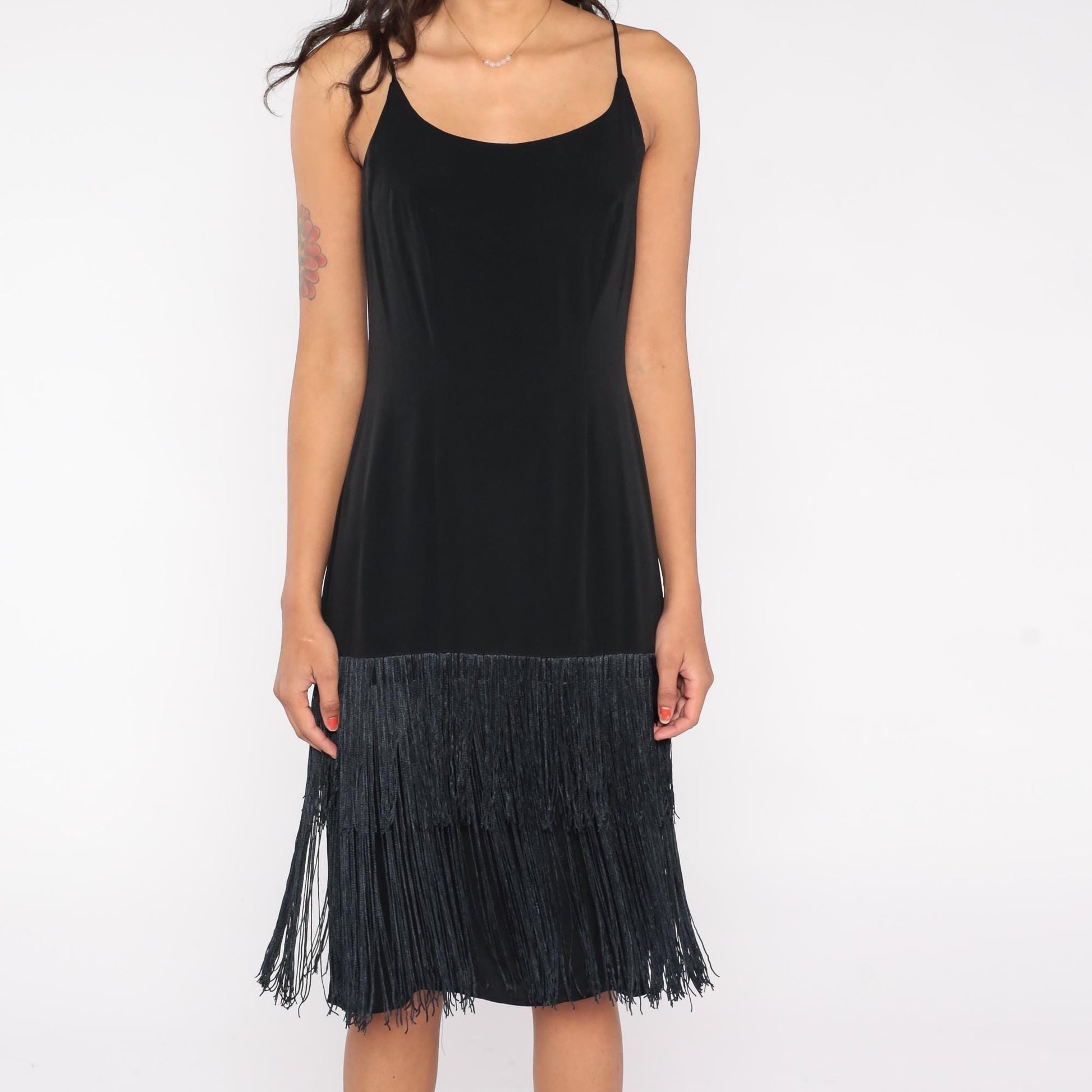 90s BB Collection Black Fringe Slip Dress Spaghetti Strap Cocktail Small