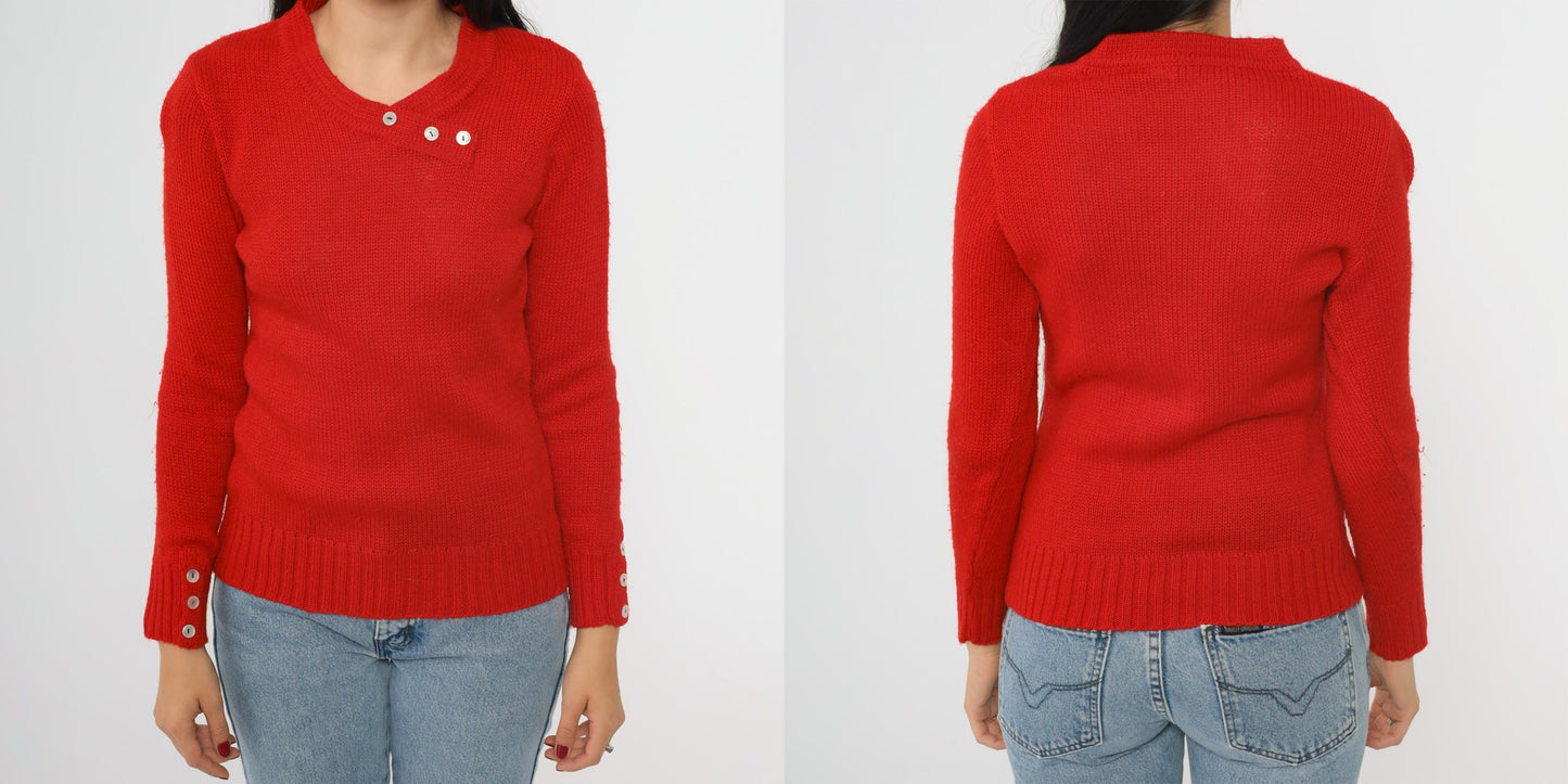 80s Red Knit Sweater Preppy Crewneck Button Detail Small