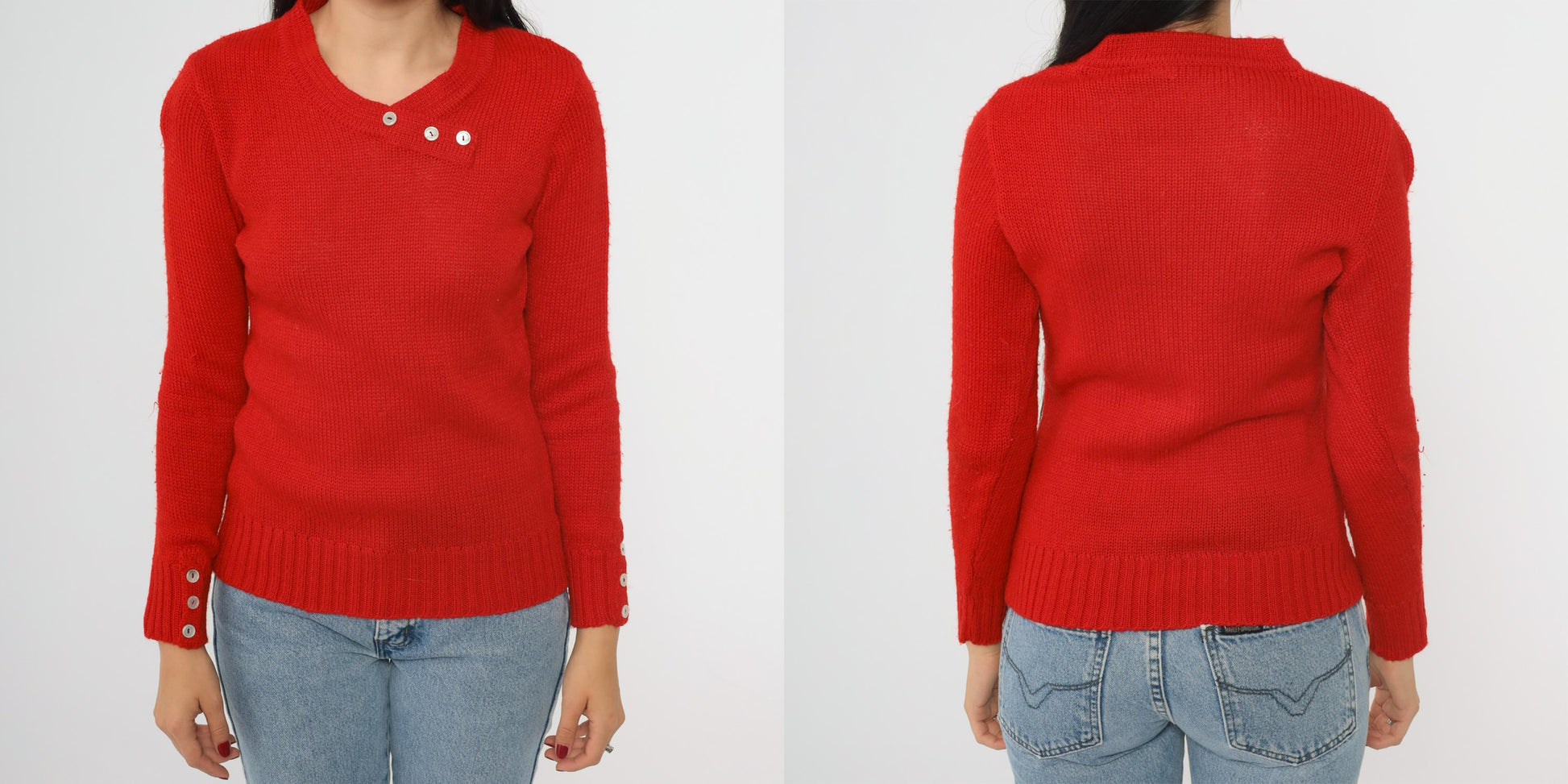 80s Red Knit Sweater Preppy Crewneck Button Detail Small