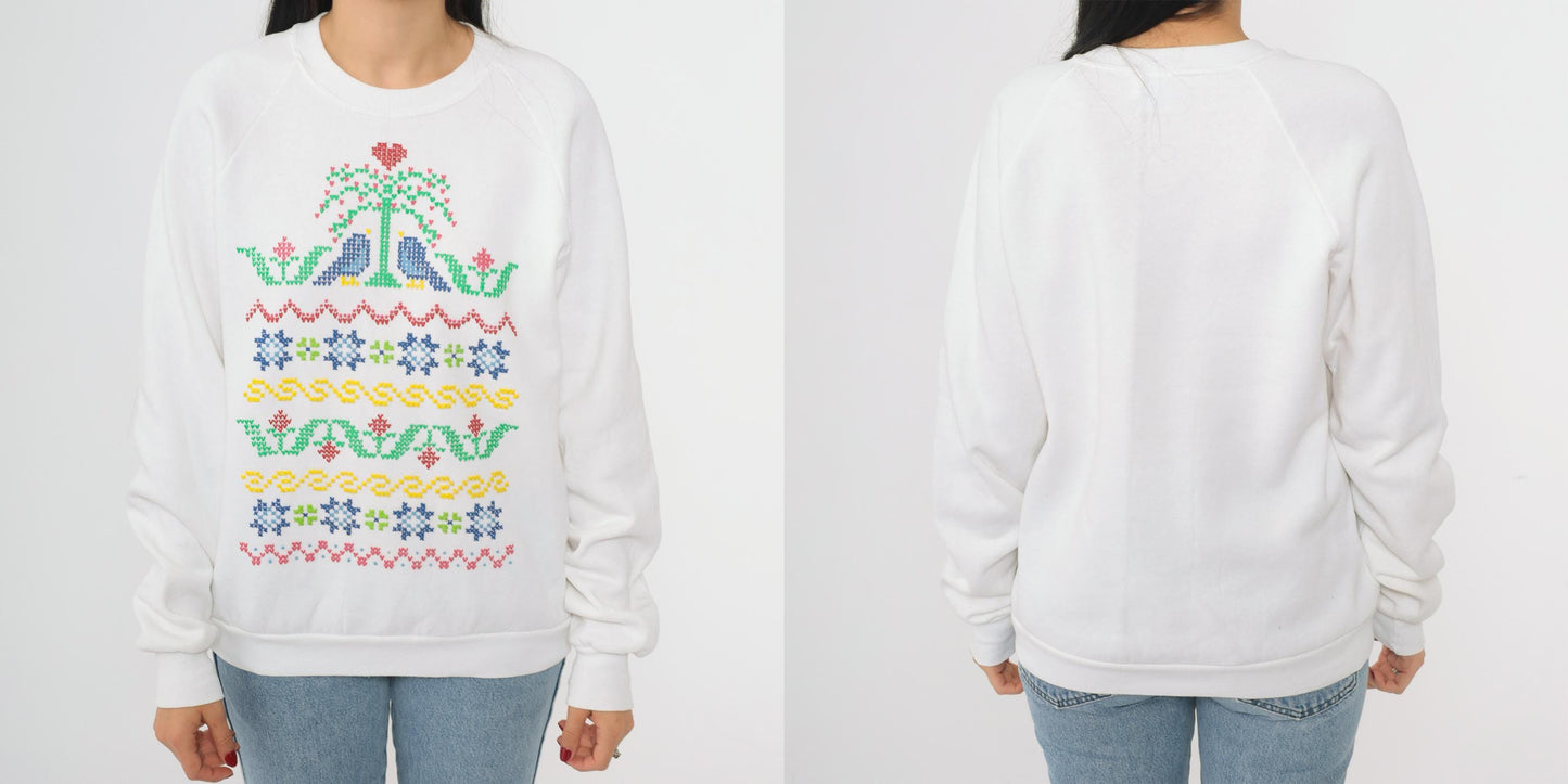 90s Jerzees Birds Floral Cross Stitch Graphic Sweatshirt White Crewneck Large L