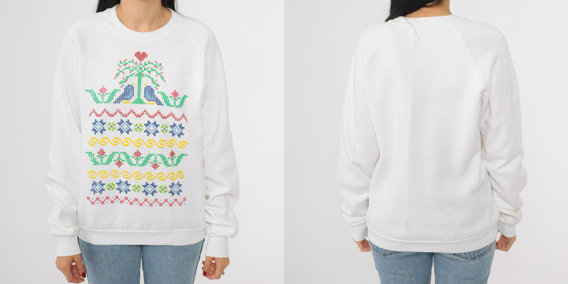 90s Jerzees Birds Floral Cross Stitch Graphic Sweatshirt White Crewneck Large L