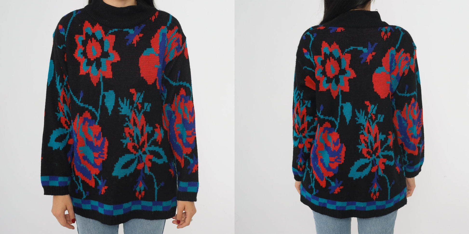 80s Adolfo Collectibles Floral Knit Sweater High Neck Black Red Blue Teal Medium M