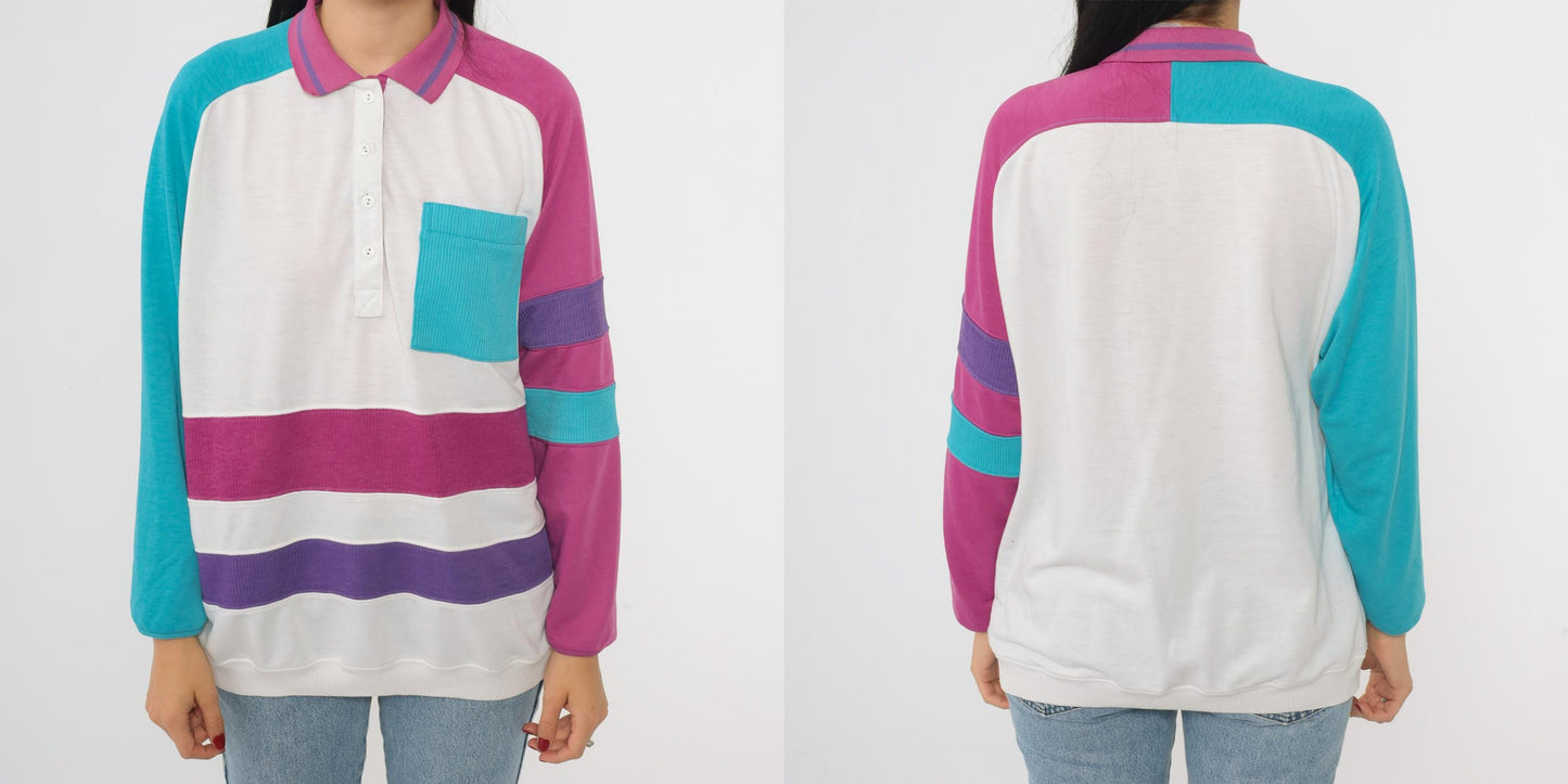 80s Colorblock Polo Shirt Pink Purple Turquoise Geometric Wave Raglan Large