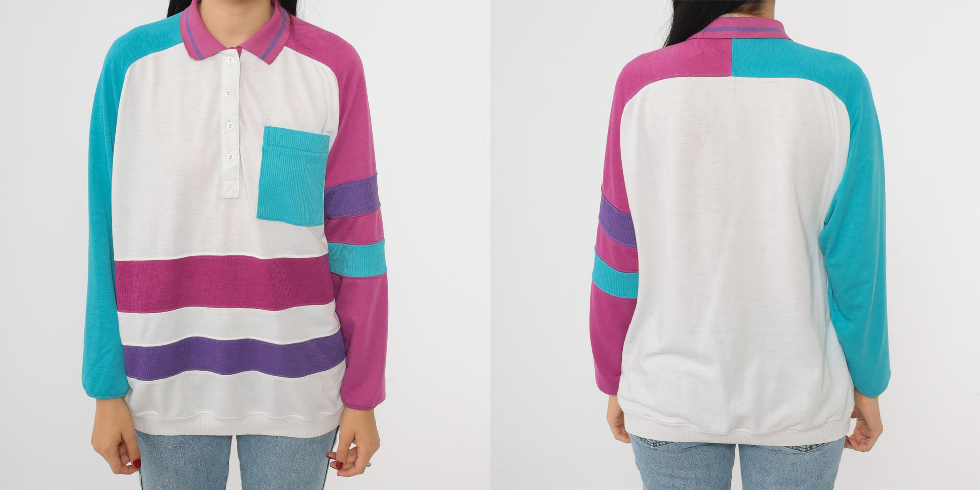 80s Colorblock Polo Shirt Pink Purple Turquoise Geometric Wave Raglan Large