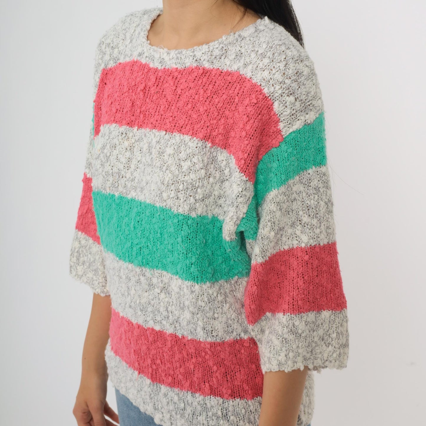 80s Striped Knit Sweater Pink Green Gray Crew Neck Short Sleeve Medium M
