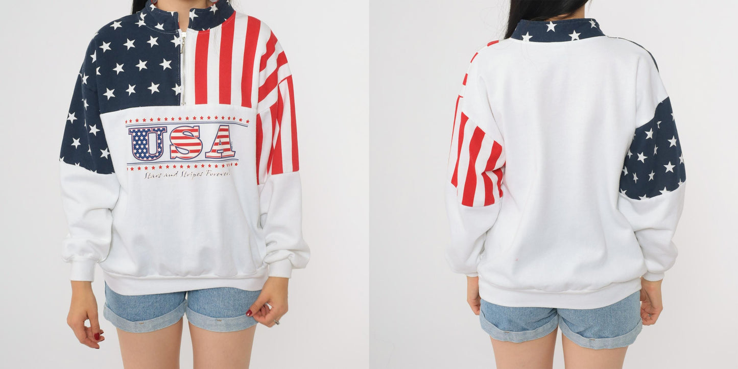 90s USA Flag Half Zip Sweatshirt Stars Stripes Red White Blue Medium