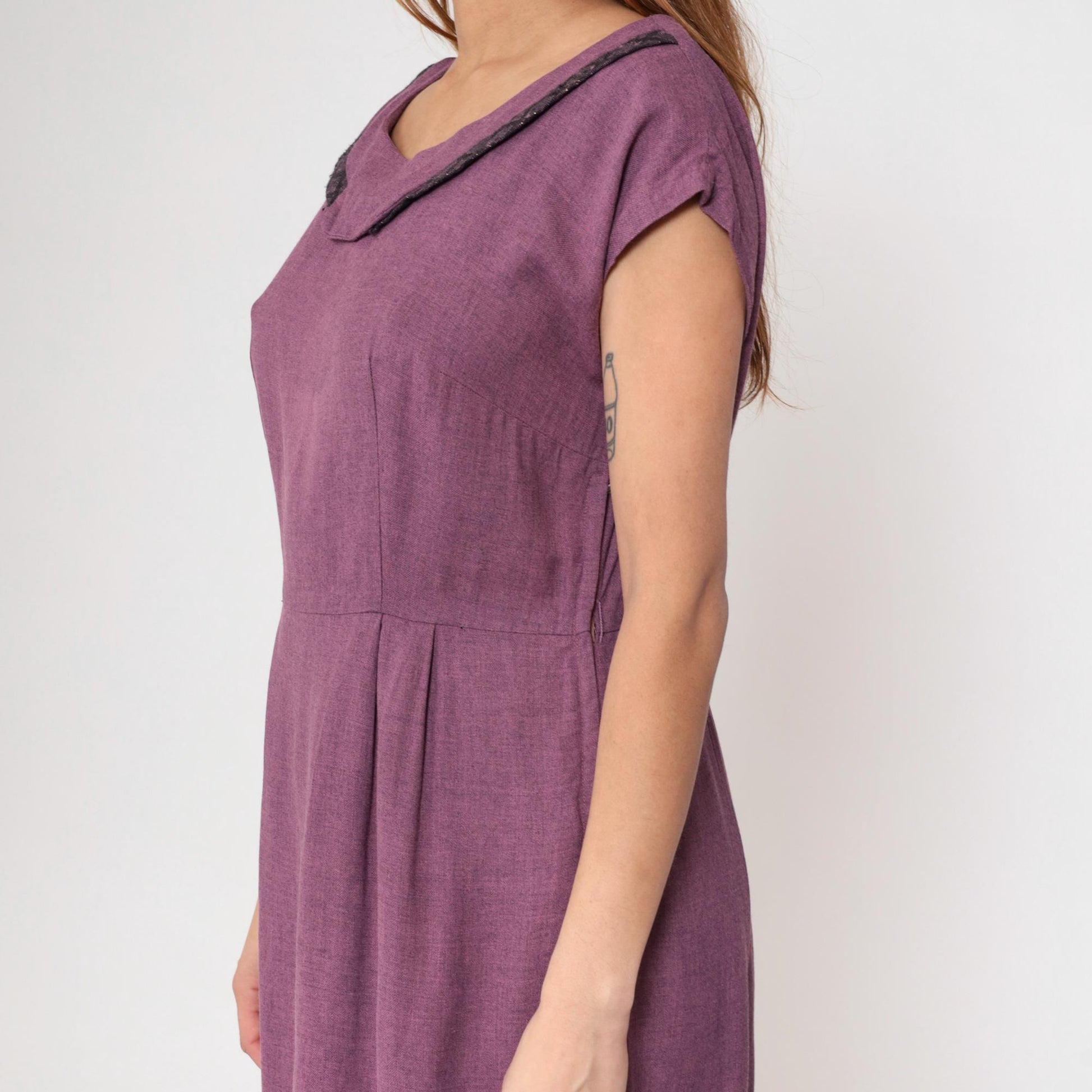60s Gloria Swanson Purple Midi Dress Cowl Neckline Lattice Trim Large