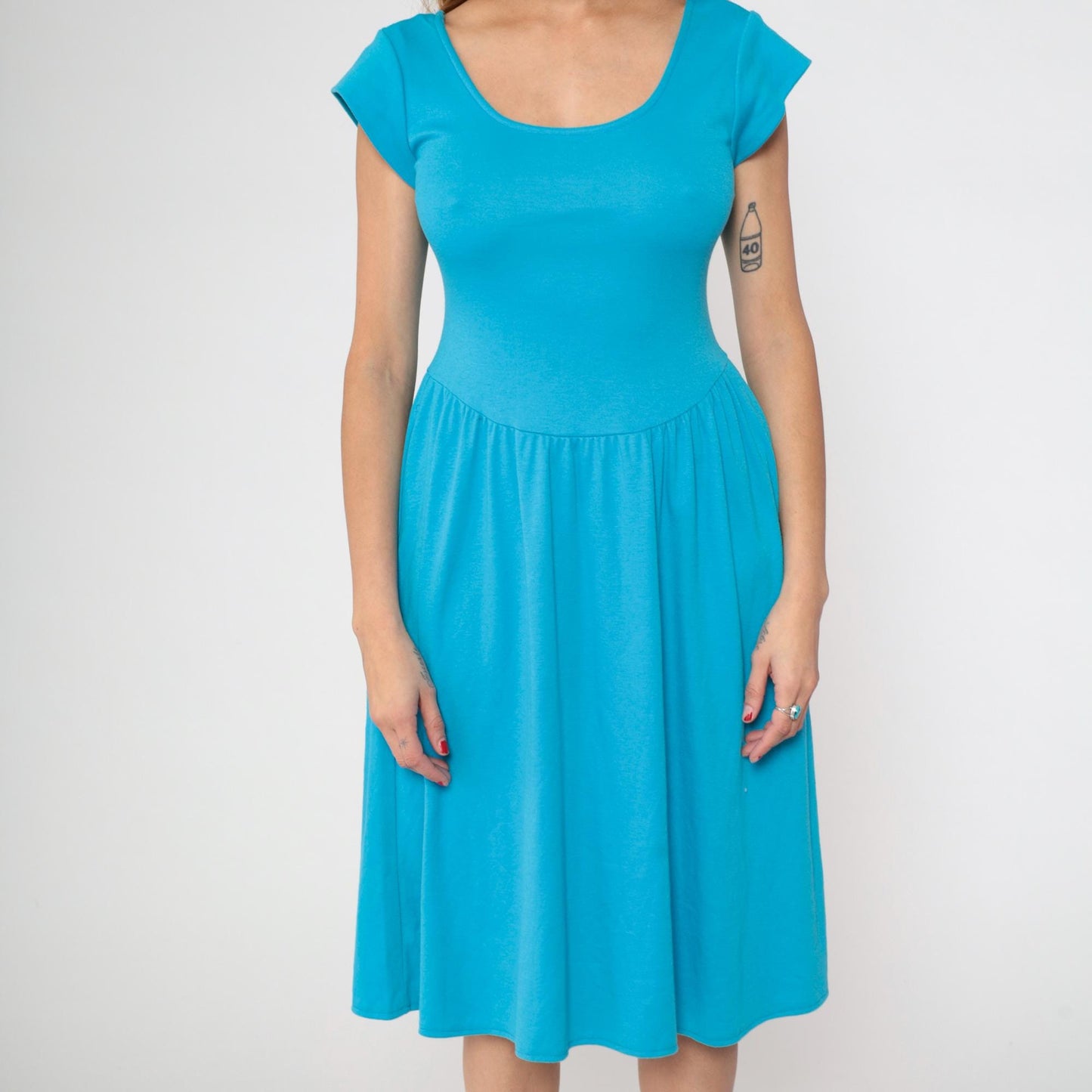 80s Byer Too Turquoise Midi Dress Fitted Bodice Cap Sleeve Small