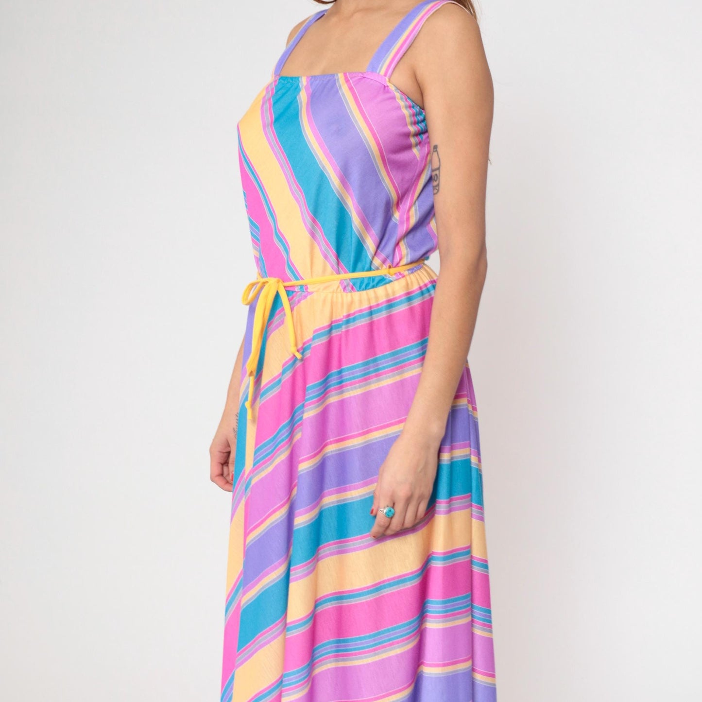 80s Pastel Rainbow Stripe Midi Sundress Square Neck Spaghetti Strap Small