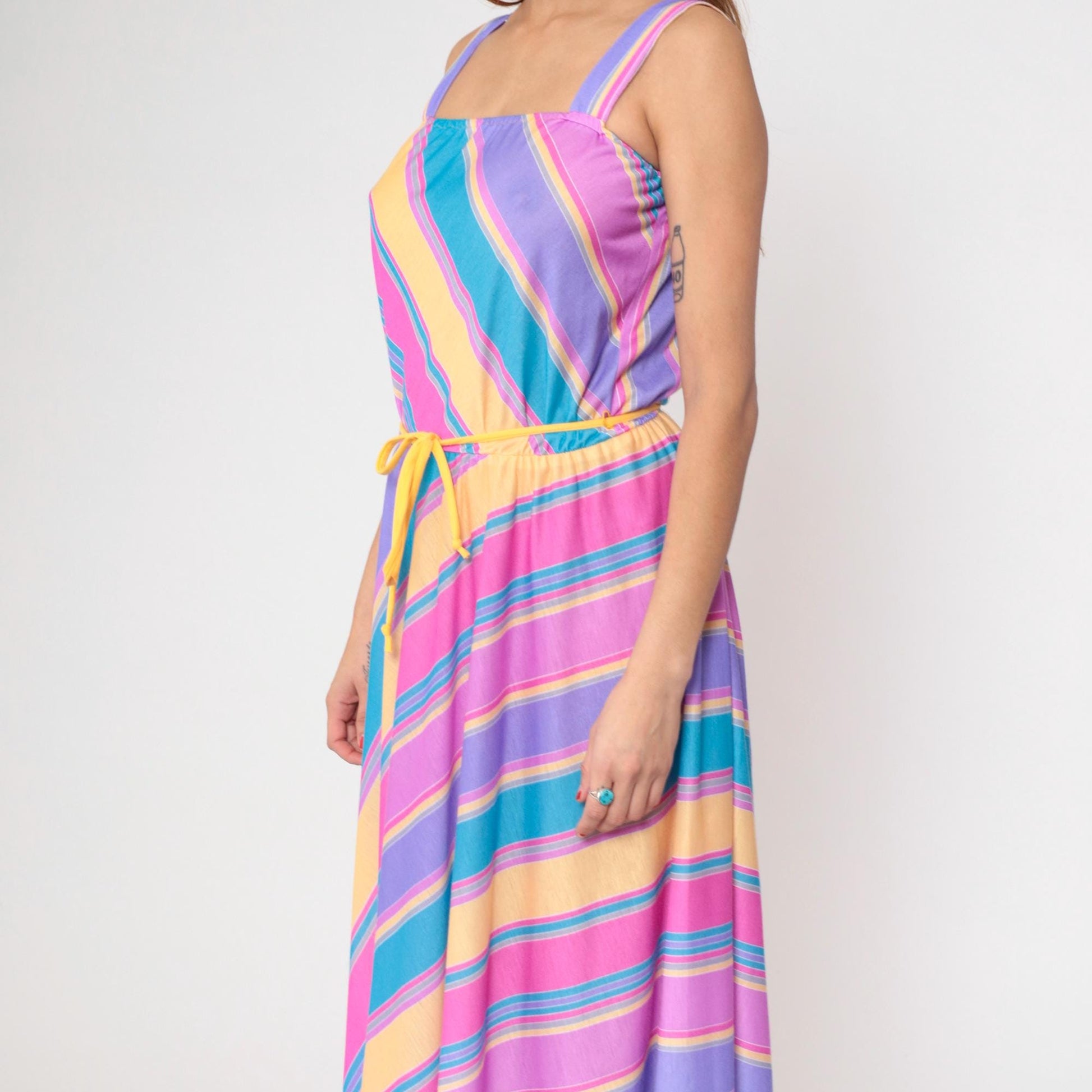 80s Pastel Rainbow Stripe Midi Sundress Square Neck Spaghetti Strap Small
