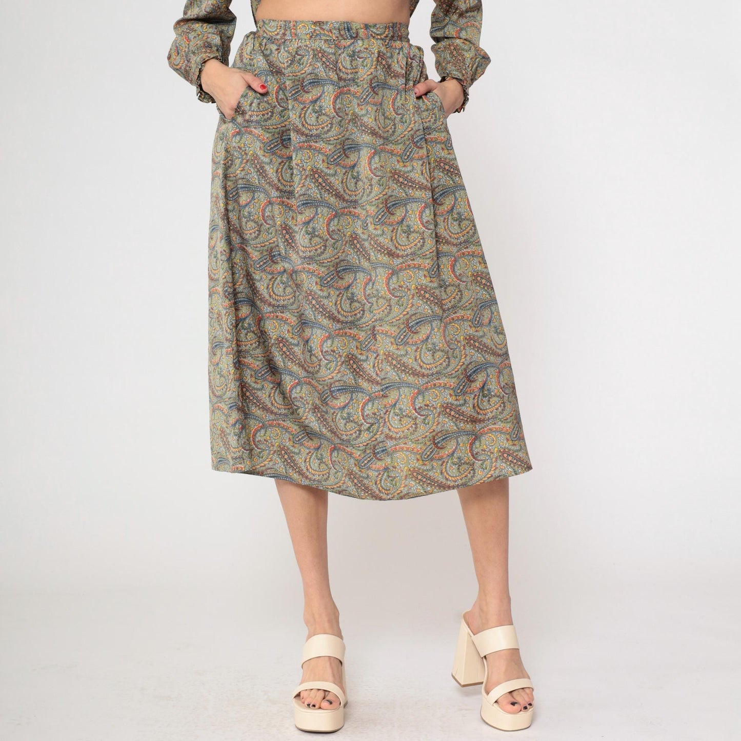70s The Villager Paisley Two Piece Set Sage Green Blouse Midi Skirt Small