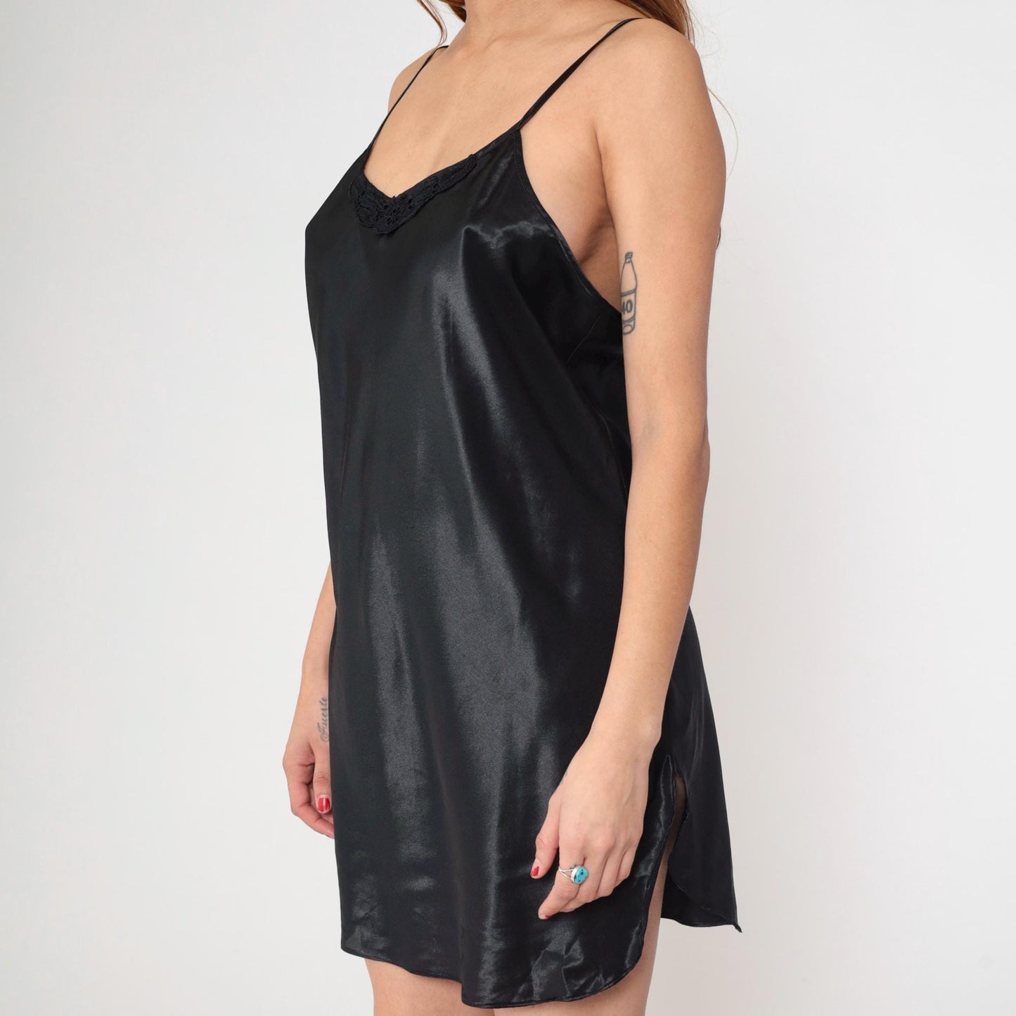 90s Black Satin Slip Dress Lace Trim V-Neck Spaghetti Strap Mini Large L