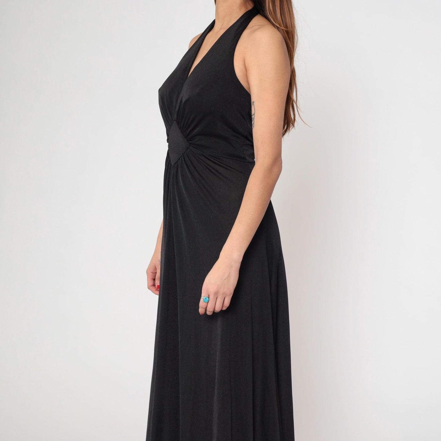 70s Black Halter Maxi Dress Plunging V Neck Open Back Empire Waist Medium