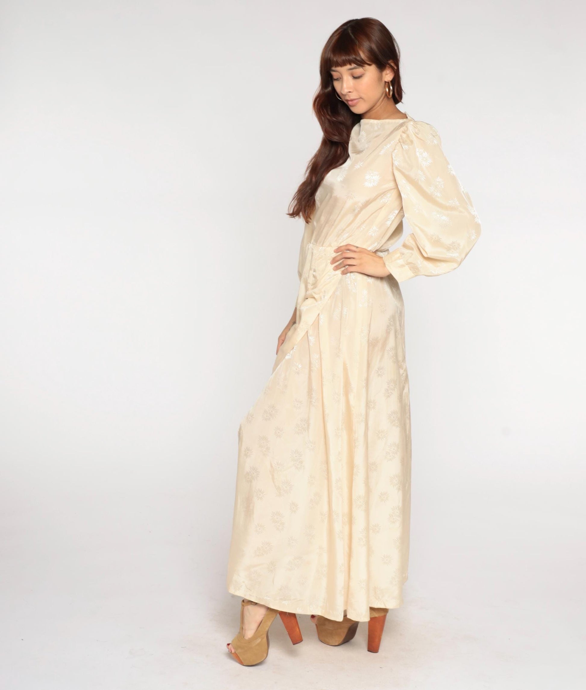 70s Cream Satin Maxi Dress Embroidered Ruffle Slit Bishop Sleeves Small