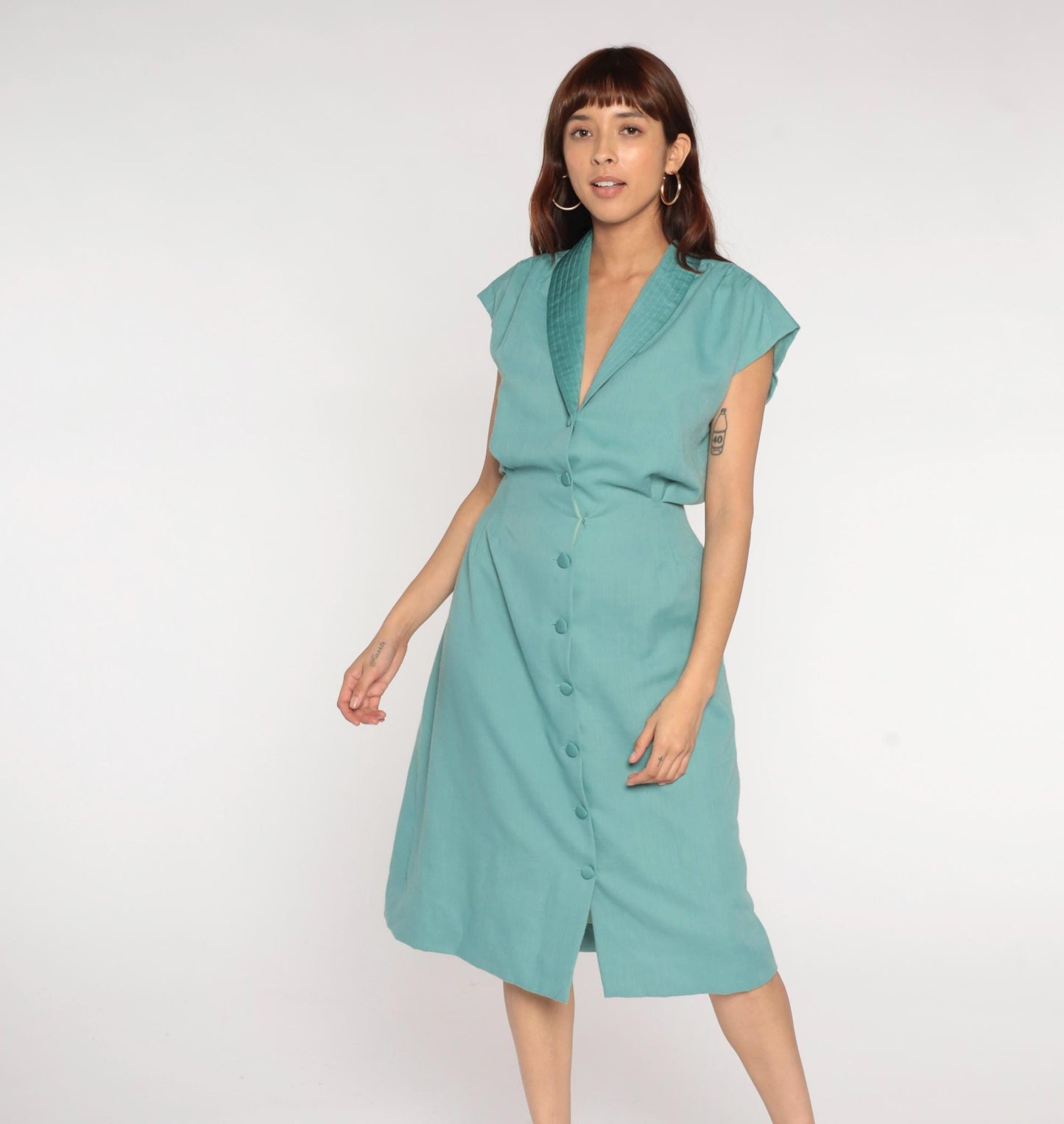 70s Turquoise Blazer Dress Quilted Collar Cap Sleeve Midi Tie Waist Large