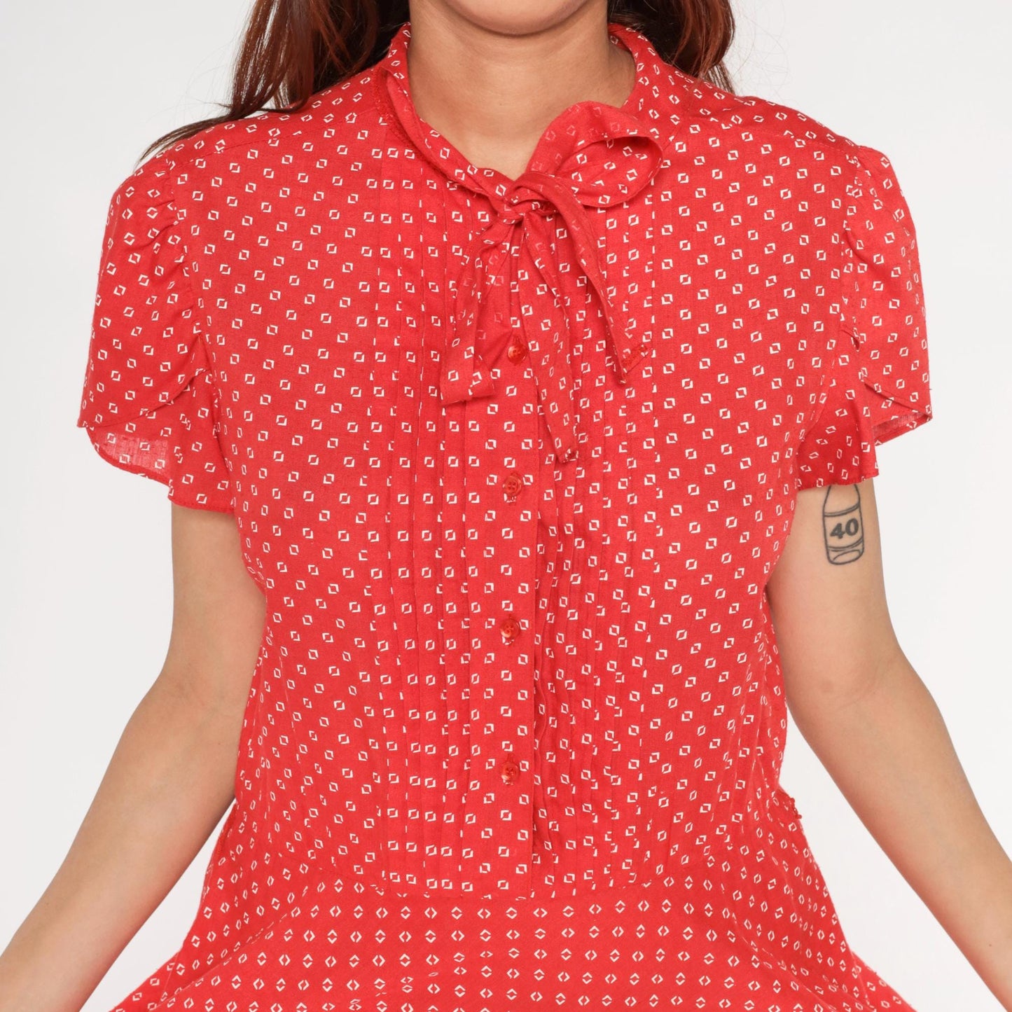 1970s Robbie Bee Red Geometric Diamond Print Midi Dress Bow Tie Medium