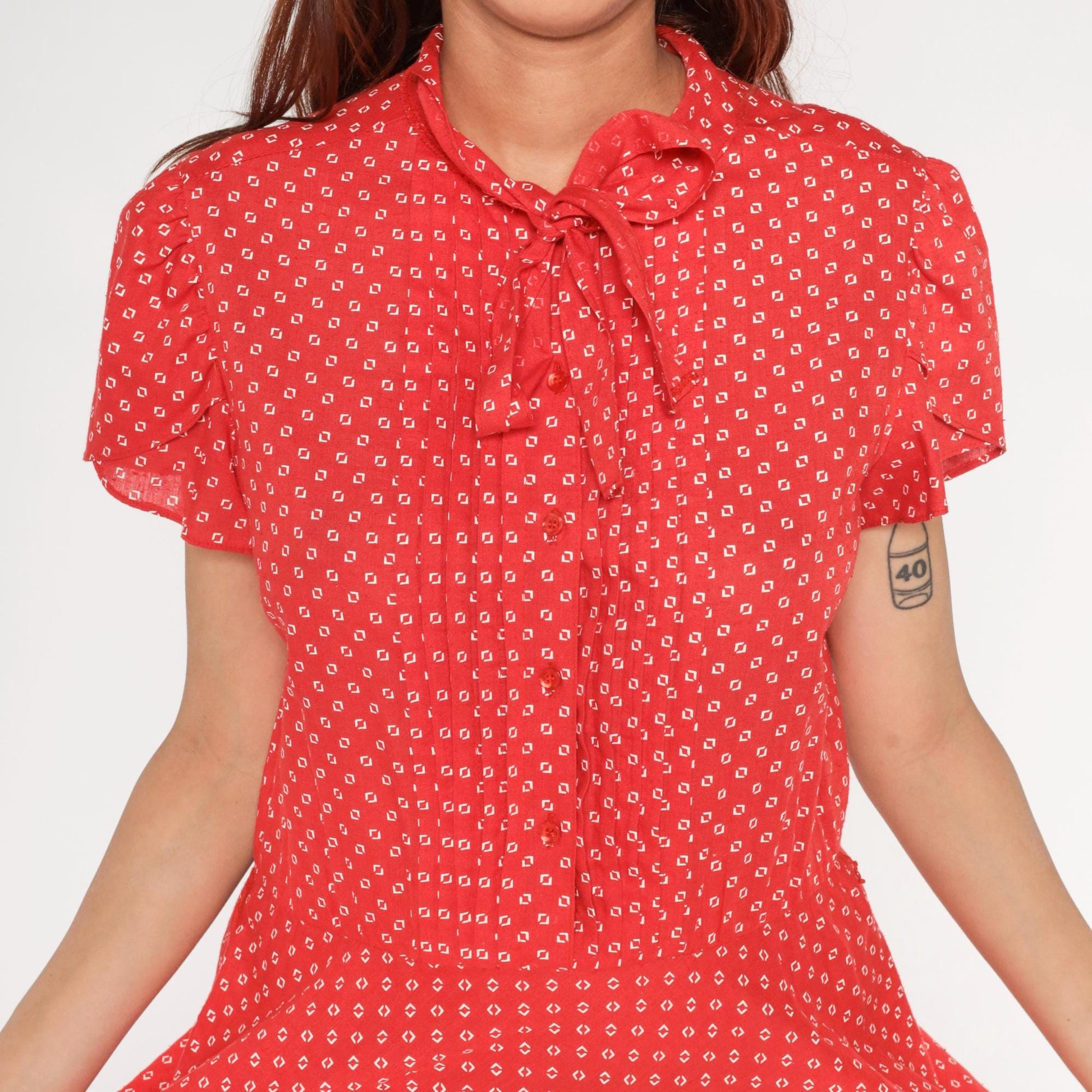 1970s Robbie Bee Red Geometric Diamond Print Midi Dress Bow Tie Medium