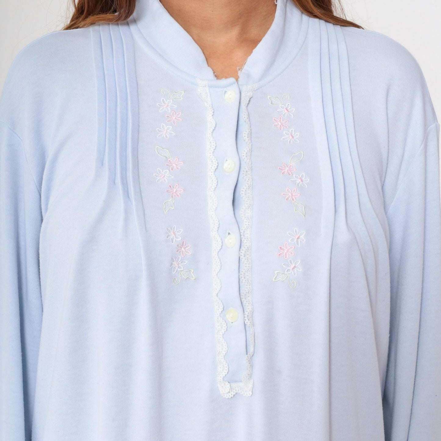 80s Vanity Fair Pastel Blue Nightgown Embroidered Floral Button Front Extra Large XL