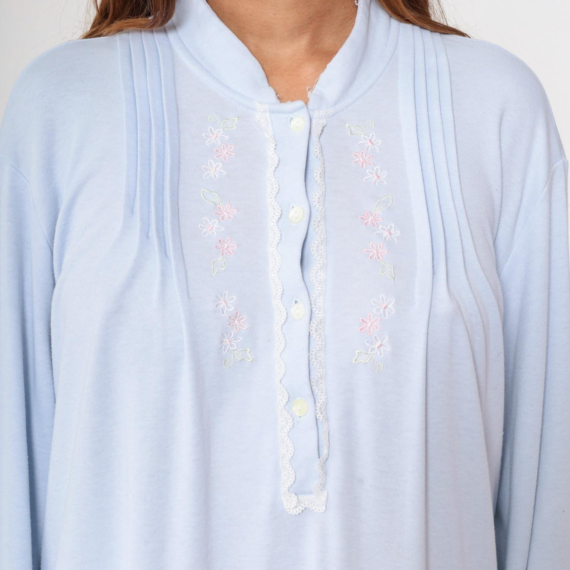 80s Vanity Fair Pastel Blue Nightgown Embroidered Floral Button Front Extra Large XL
