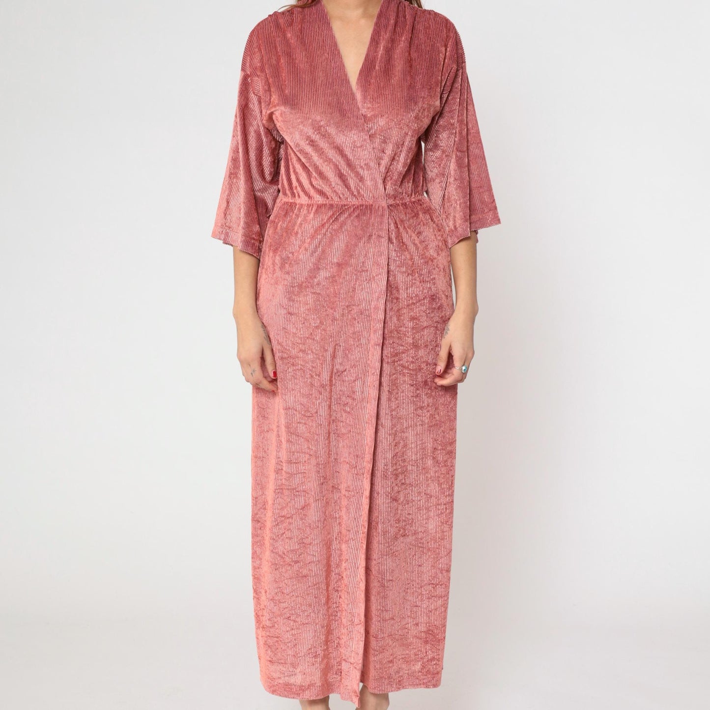 70s Dusty Rose Velour Maxi Robe Karessah Wrap Deep V Kimono Sleeve Small