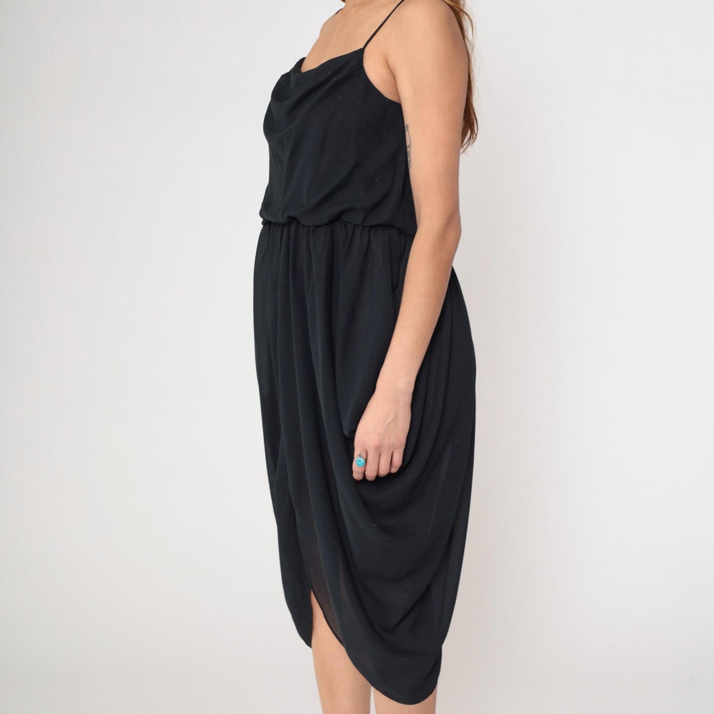 80s Entourage Black Cowl Neck Midi Dress Spaghetti Strap Handkerchief Hem Small