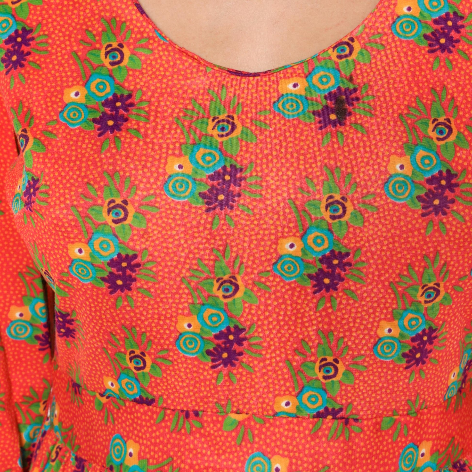 70s Avalon Classics Floral Mini Dress Coral Orange Empire Waist Long Sleeve Medium