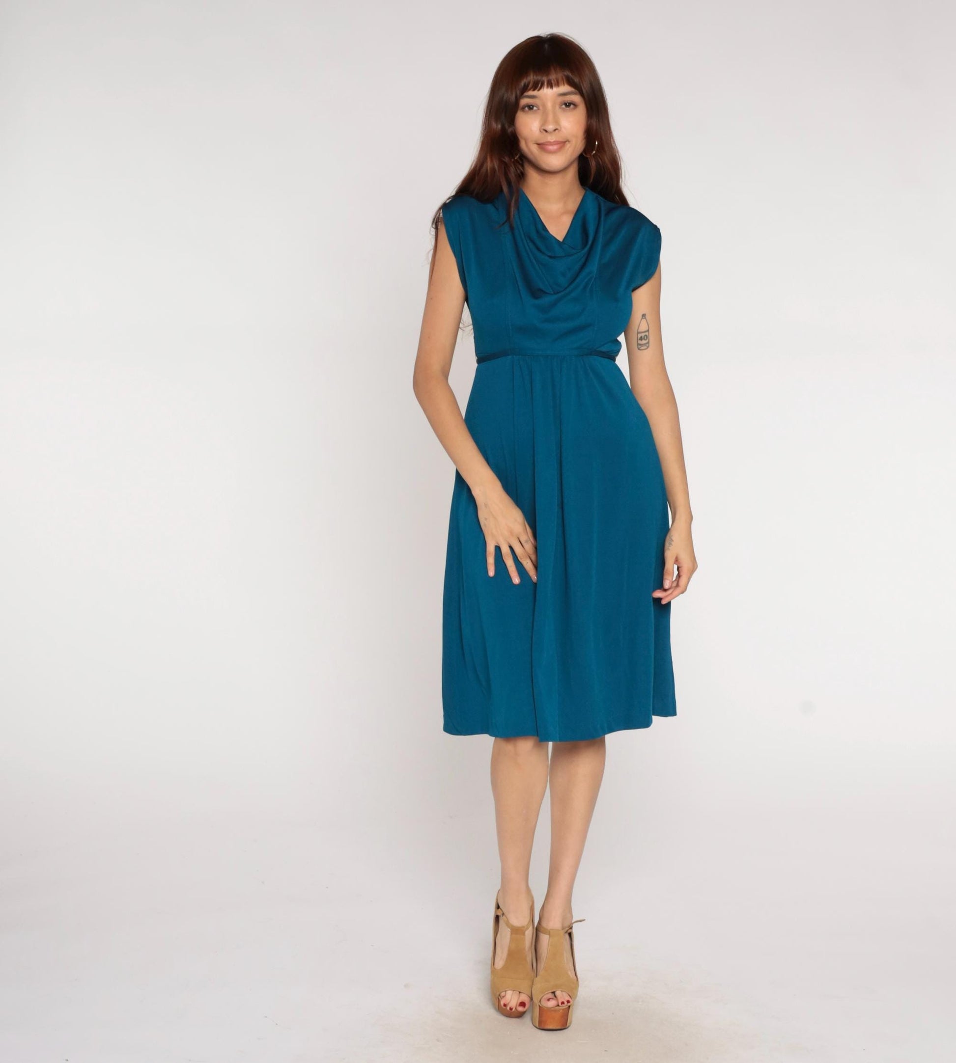 70s Teal Cowl Neck Midi Dress Empire Waist A-line Sleeveless Small