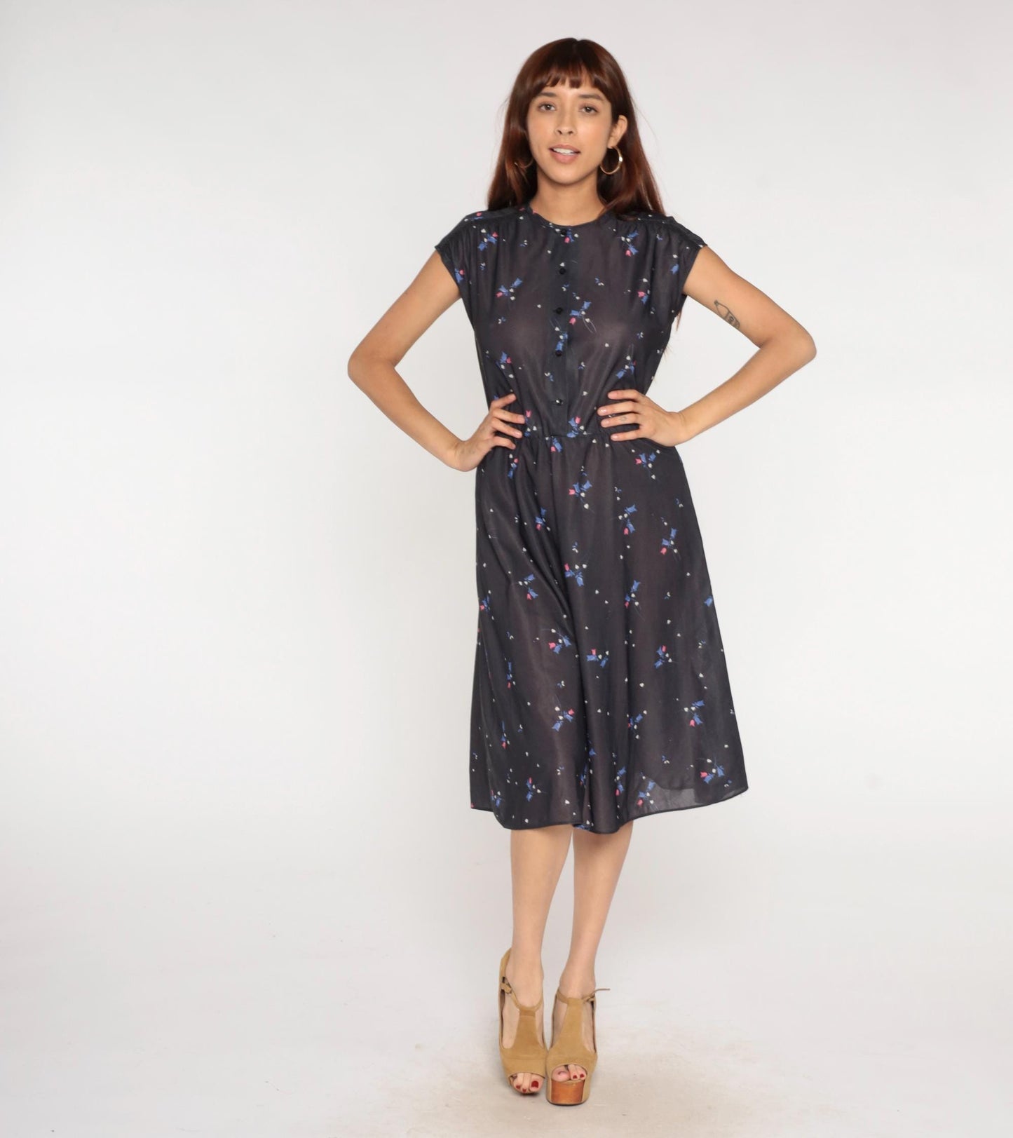 70s Grissom Lane Floral Midi Dress Black Button-Front Empire Waist Large