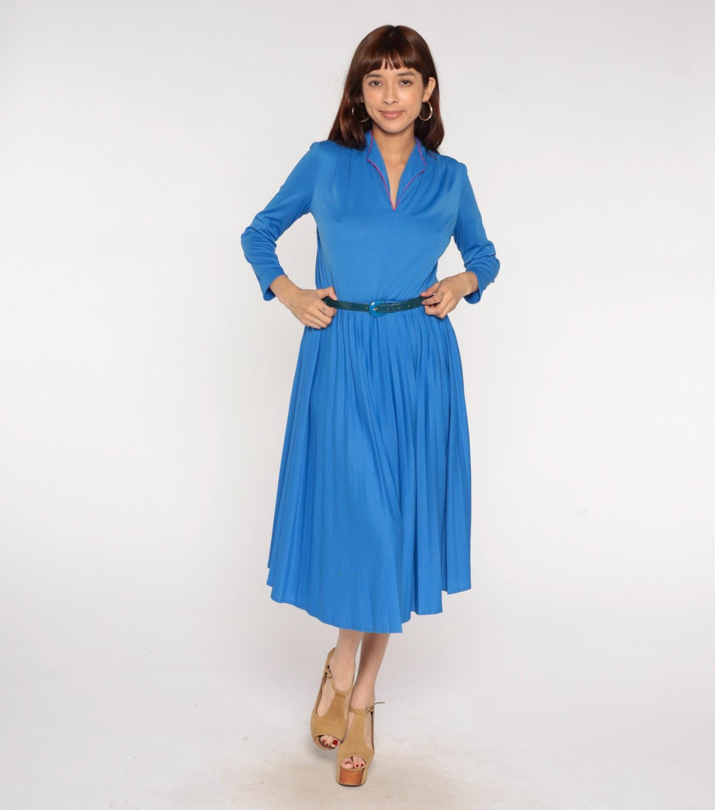 70s Royal Blue Midi Dress Red Piping Notch Collar Pleated Skirt Belt Medium Large