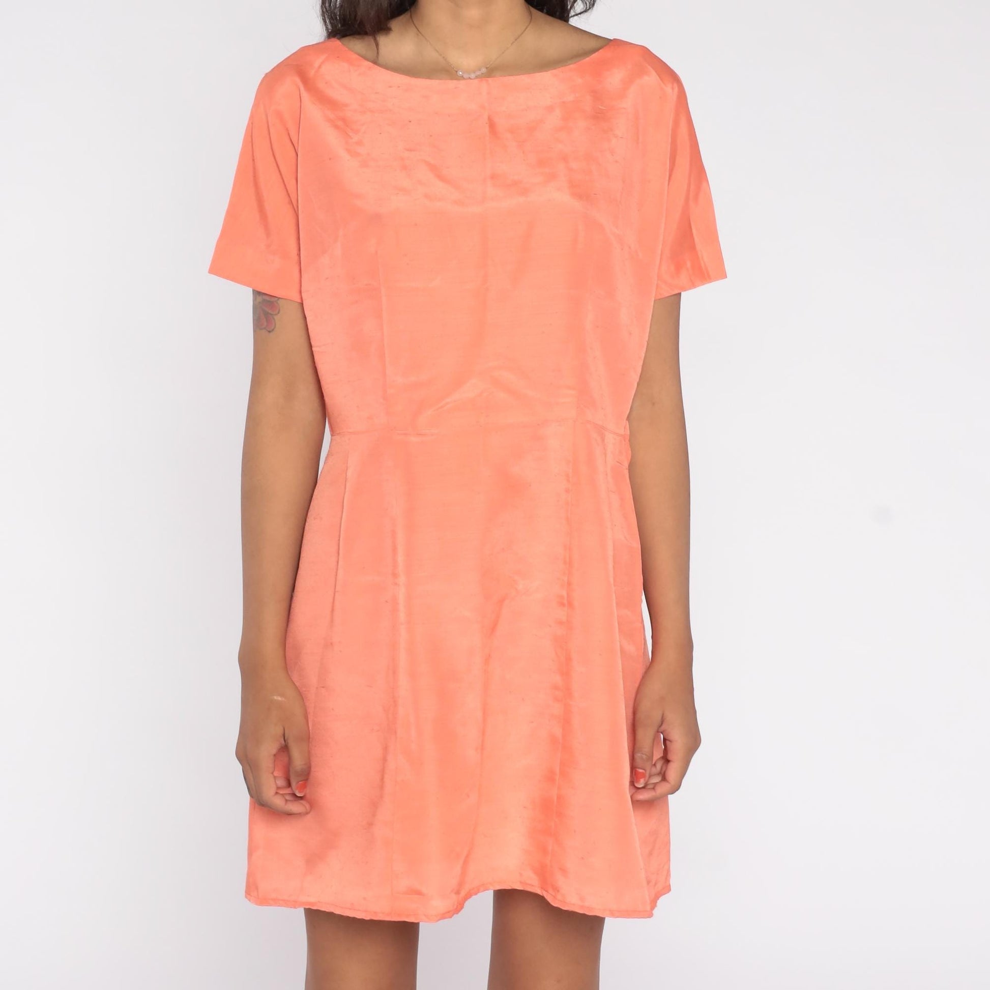 50s Coral Peach Boat Neck Midi A-Line Dress Short Sleeve Medium M
