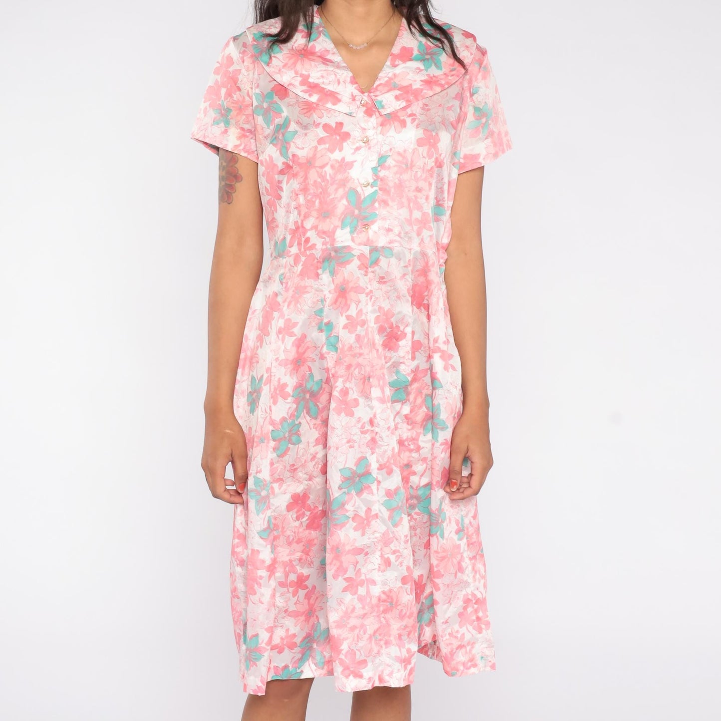 60s Mode O Day Floral Shirt Dress Pink Mint Midi Large L
