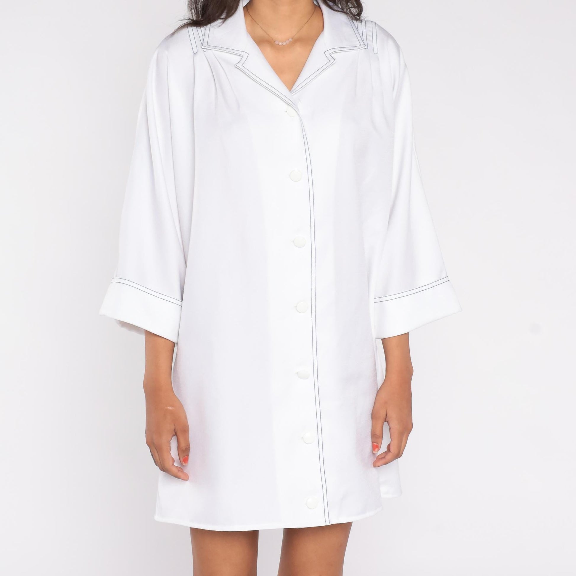 70s Mendel of Dallas White Shirt Dress Black Contrast Stitching Three Quarter Sleeve Extra Large XXL
