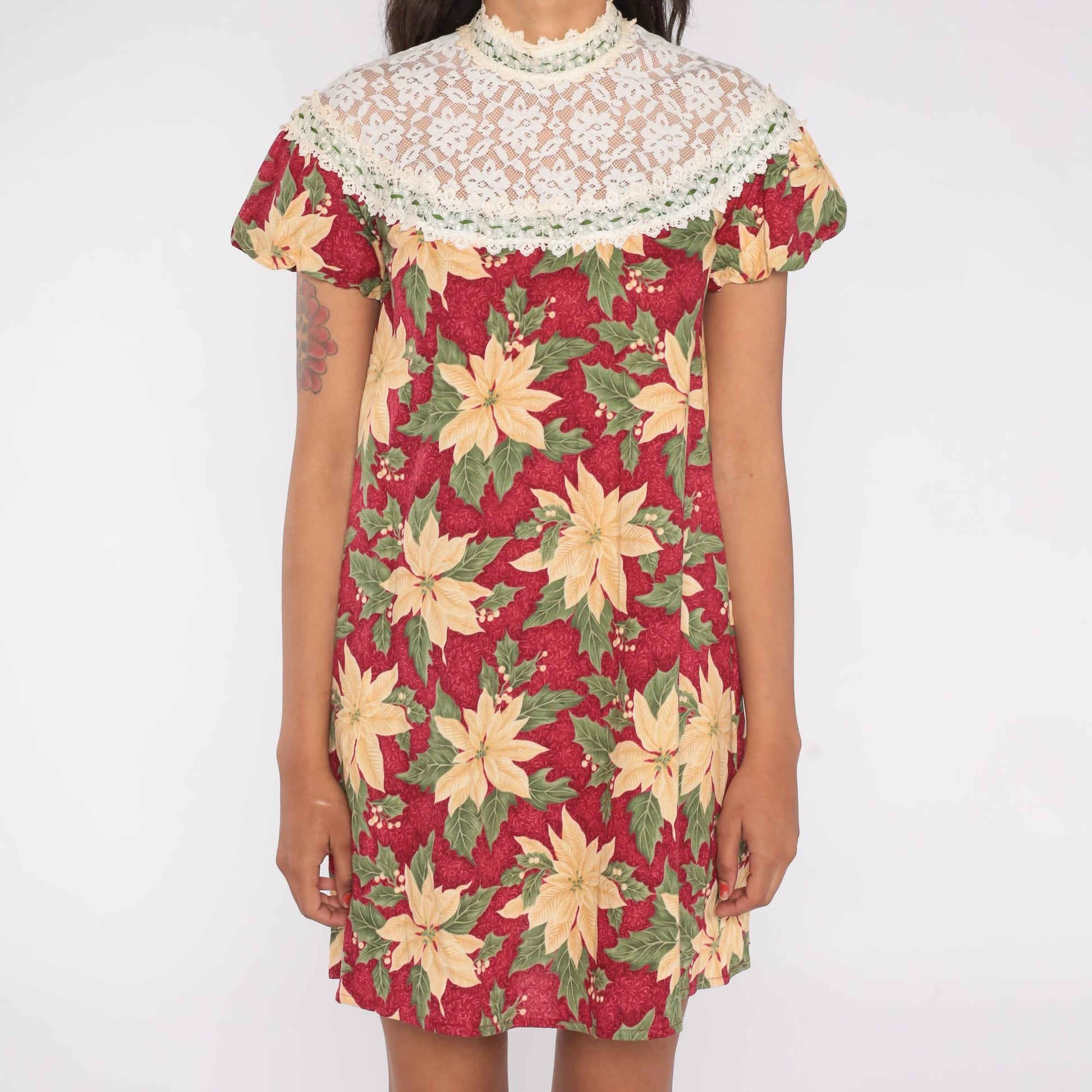 70s Princess Kaiulani Poinsettia Mini Dress Cotton Floral Red Cream Small