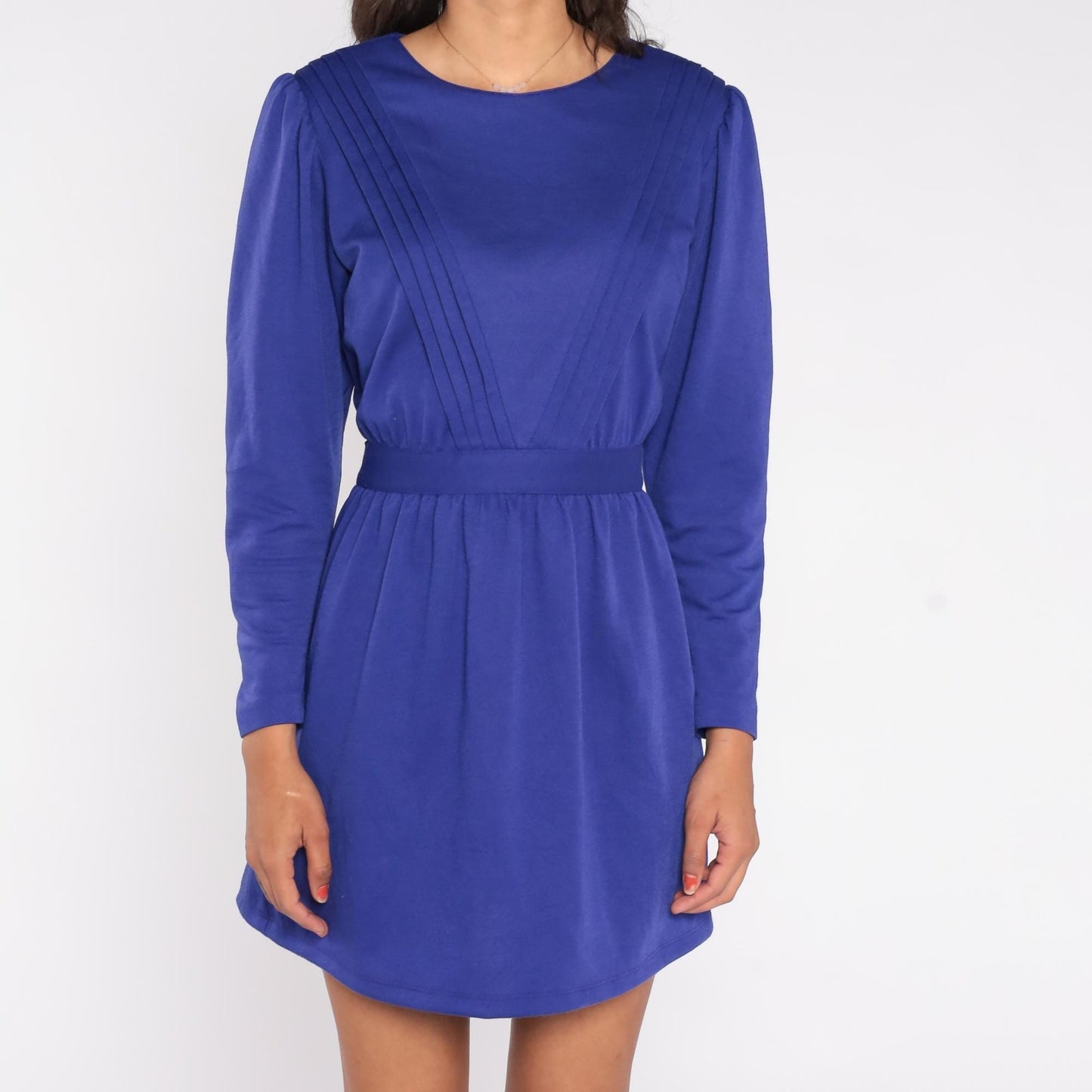 80s Lanz Originals Royal Blue Mini Dress Pleated Long Sleeve Button Back Medium