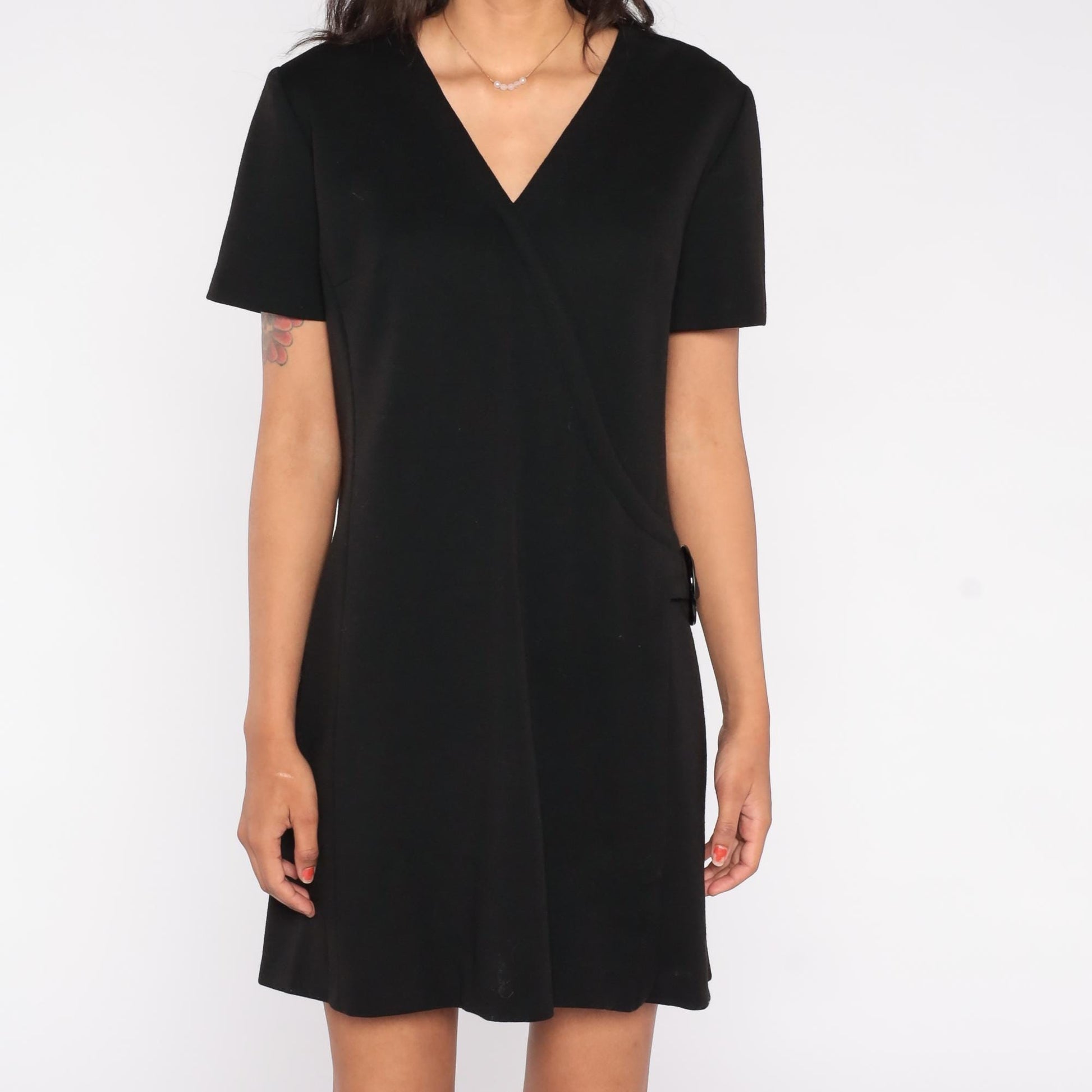 60s Black Wool Mini Shift Dress Short Sleeve Wrap Front Mod Extra Large XL