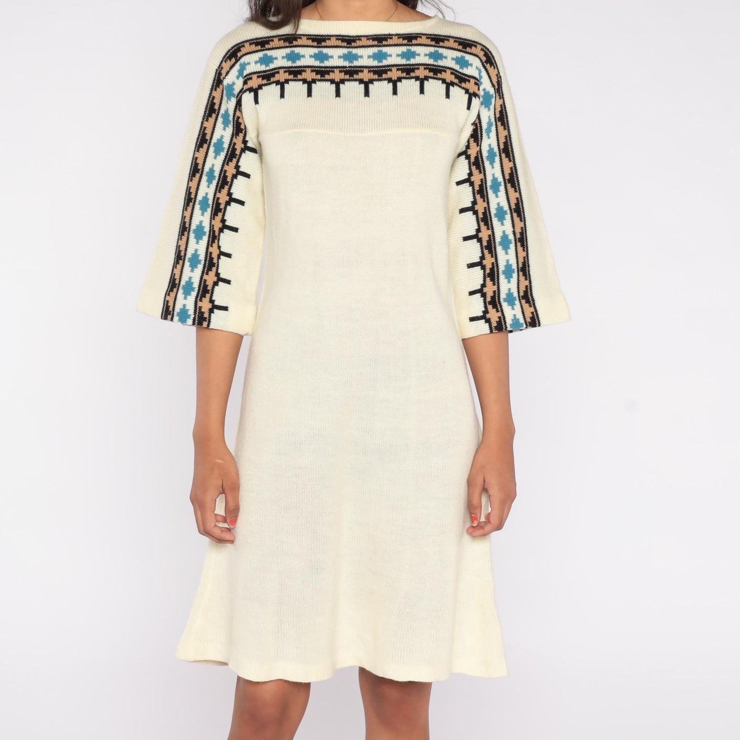 70s Cream Knit Sweater Dress Geometric Yoke Midi Flared Sleeve Small