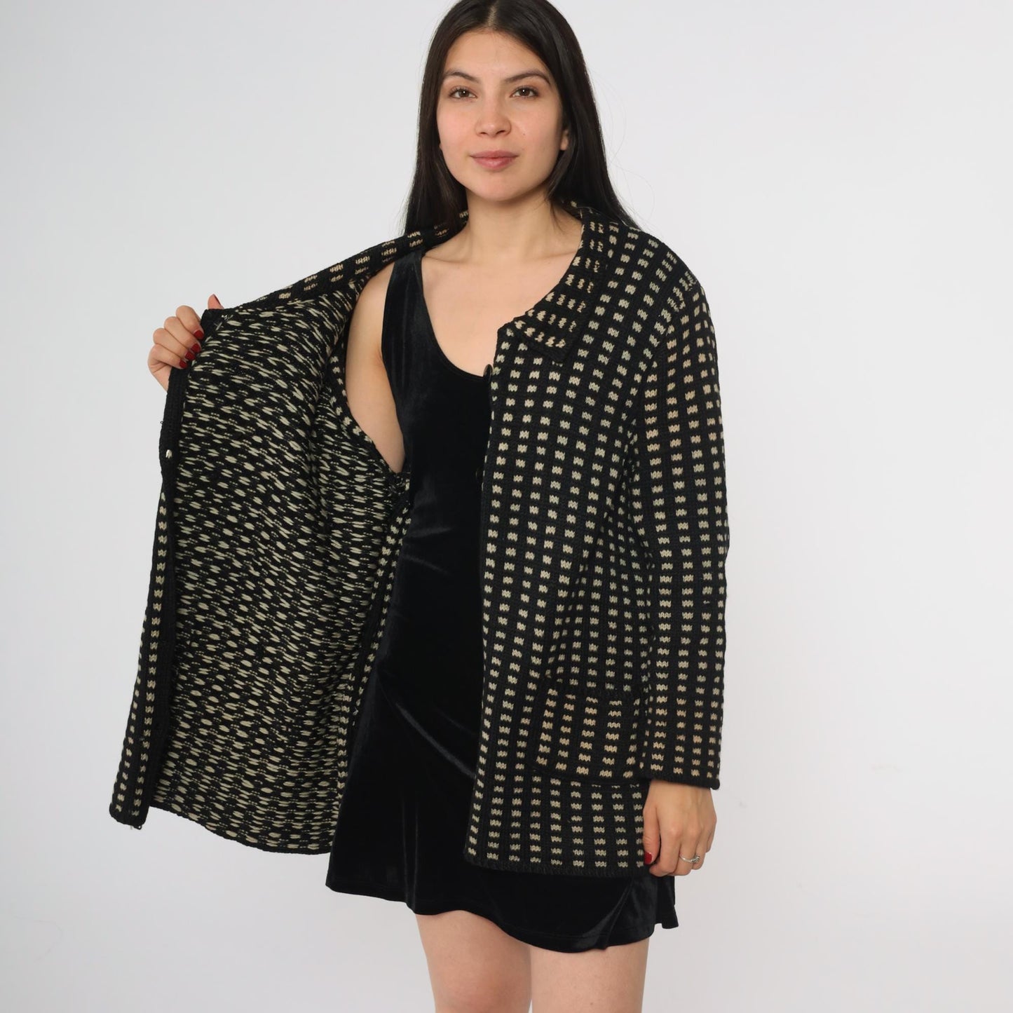 80s Black Cream Check Wool Sweater Coat Collared Cardigan Large L