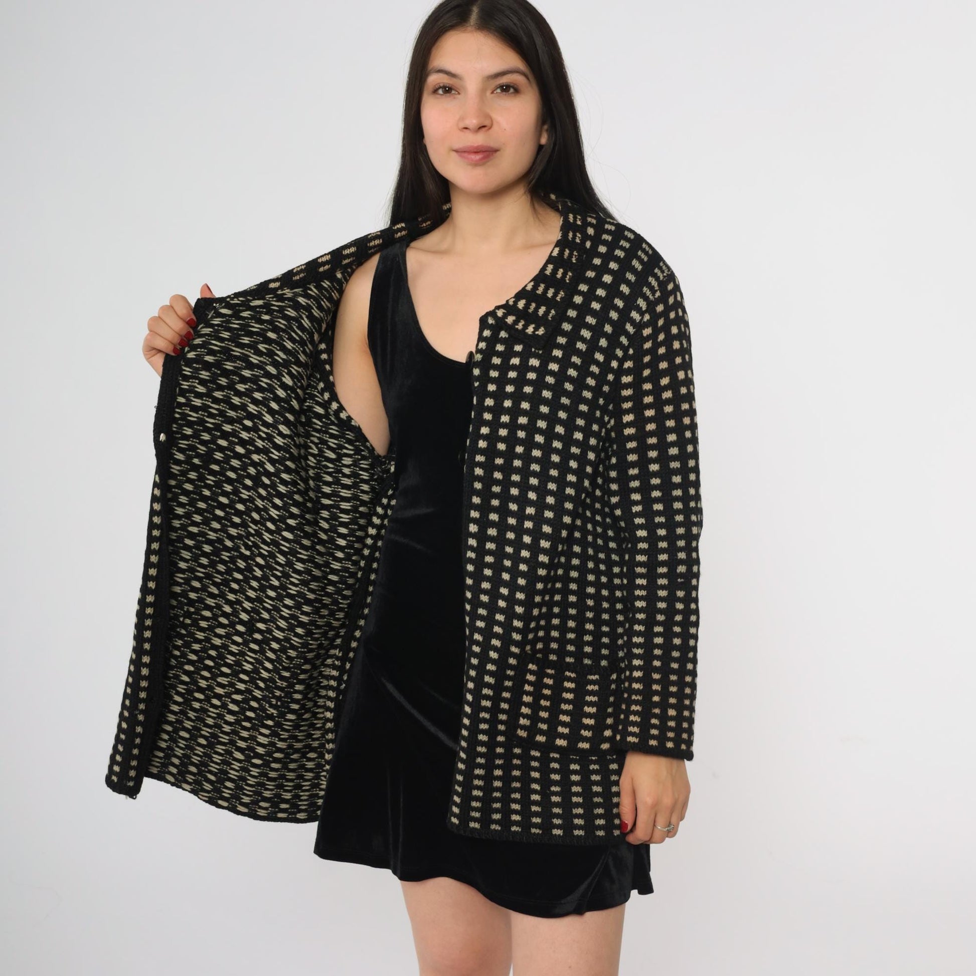 80s Black Cream Check Wool Sweater Coat Collared Cardigan Large L