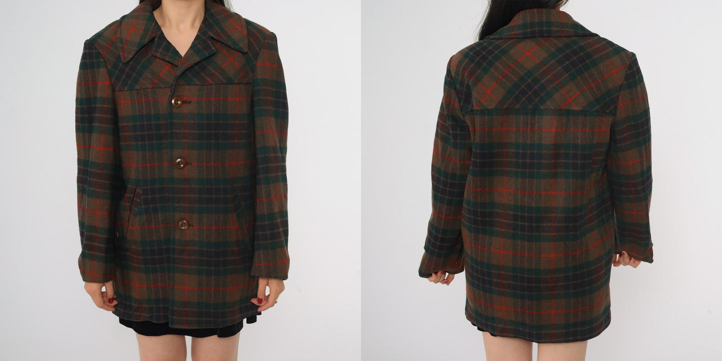 70s Pendleton Wool Coat Brown Green Red Plaid Button Front Medium M