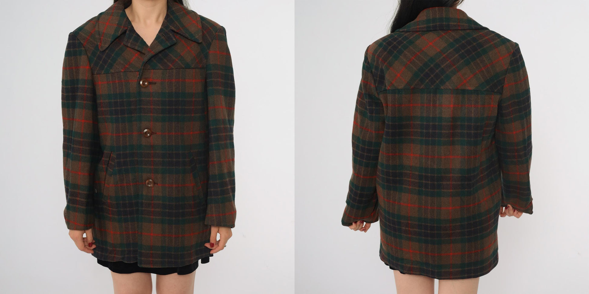 70s Pendleton Wool Coat Brown Green Red Plaid Button Front Medium M