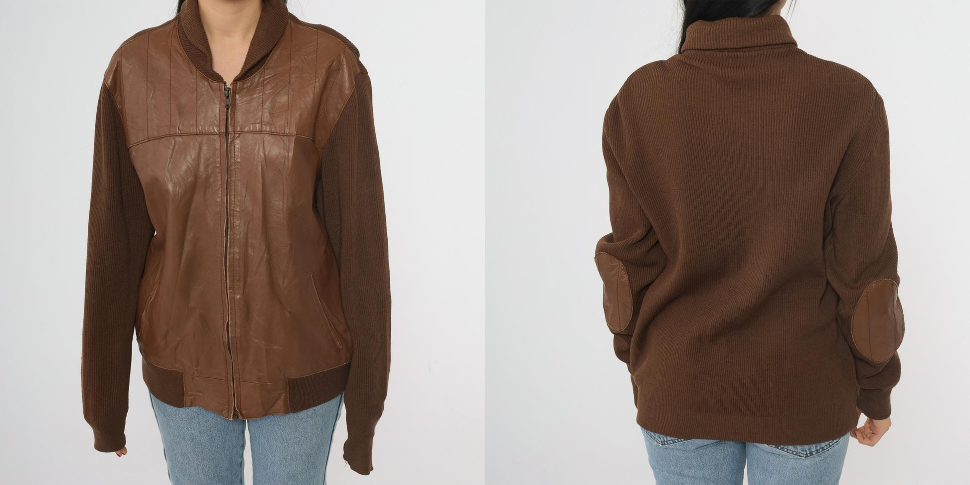 80s Torras Brown Leather Bomber Jacket Wool Knit Sleeves Elbow Patch Large