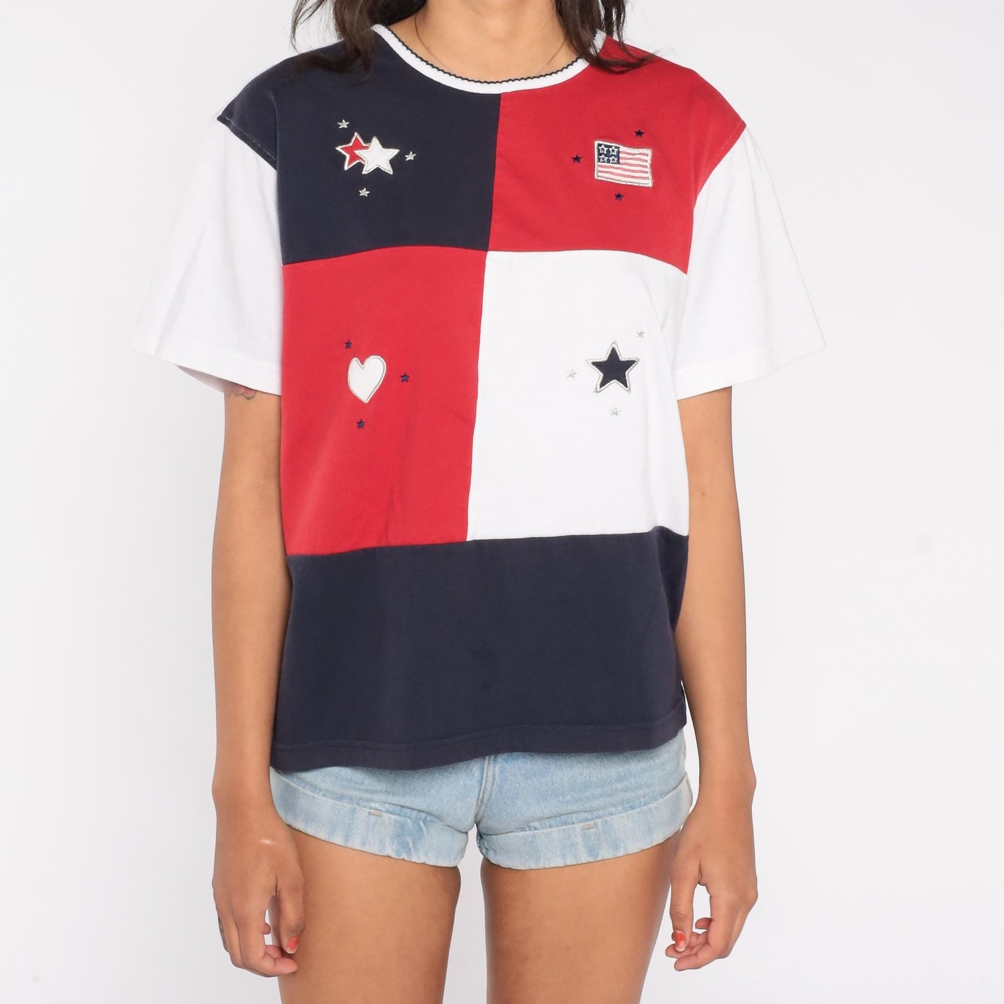 90s Studio Works American Flag Colorblock T-Shirt Red White Navy Large L