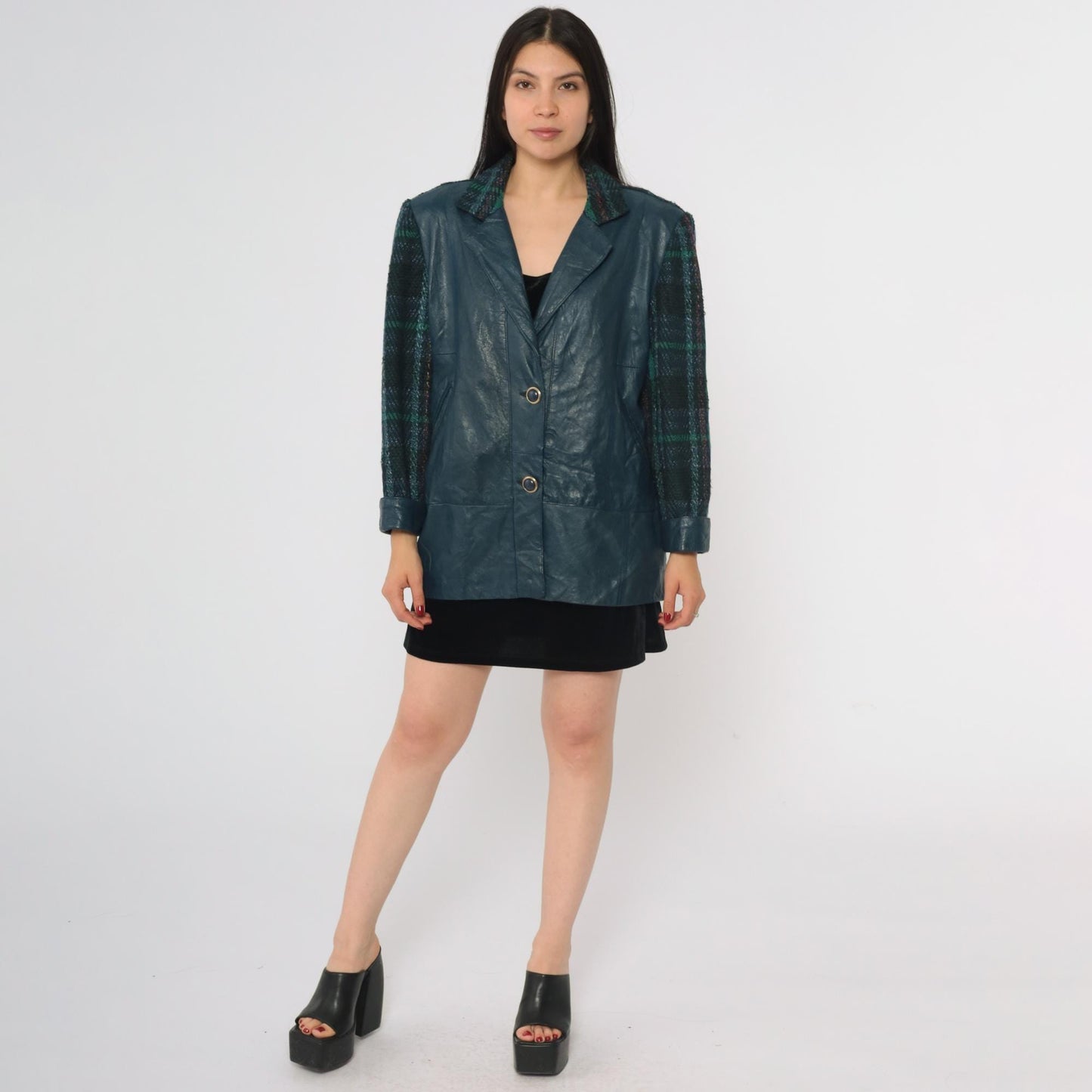 80s Blue Vinyl Plaid Wool Blazer Green Tartan Mixed Material Medium