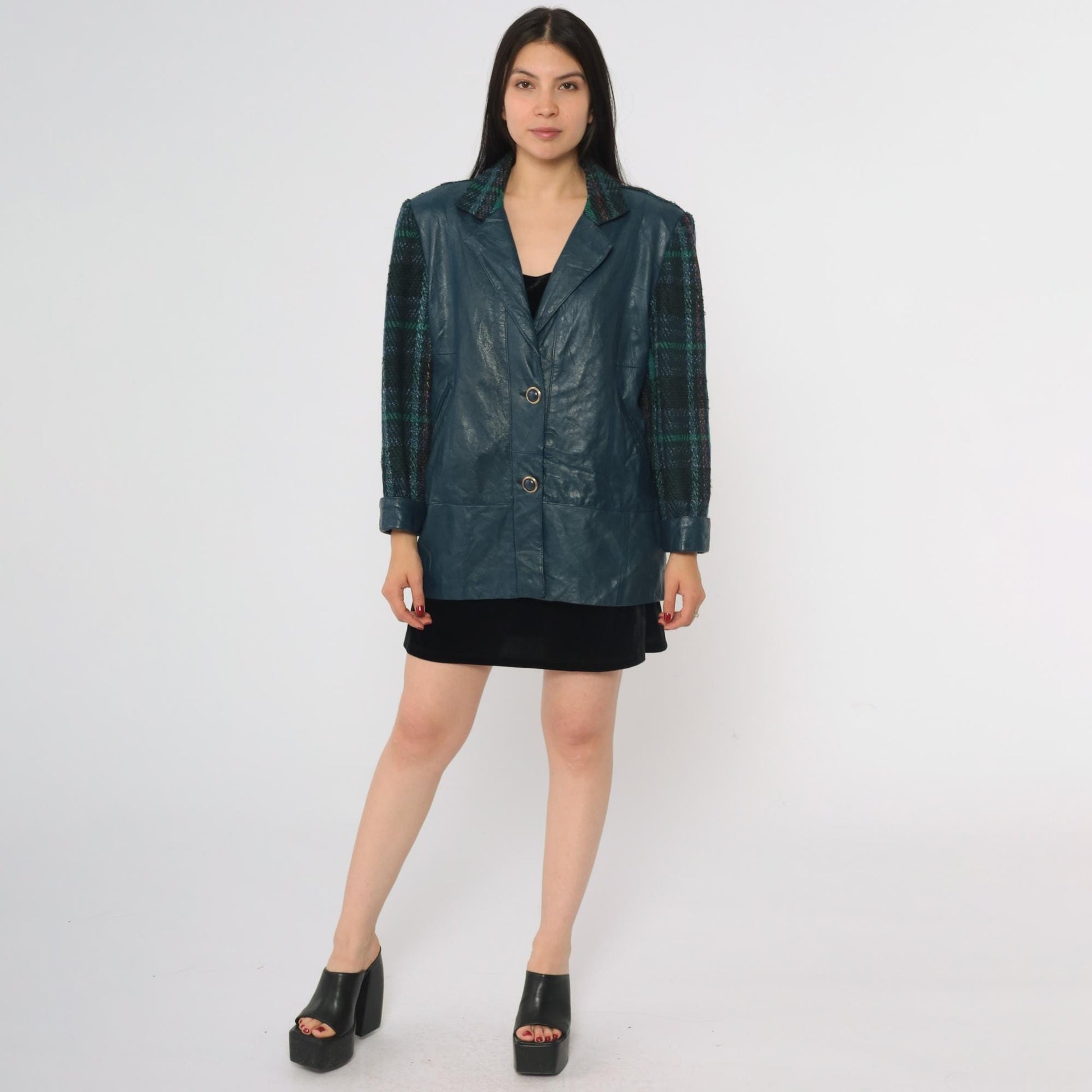 80s Blue Vinyl Plaid Wool Blazer Green Tartan Mixed Material Medium
