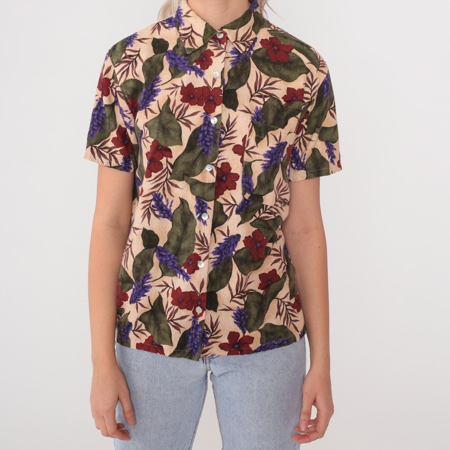 90s Selene Sport Silk Floral Button-Down Blouse Beige Hibiscus Small S