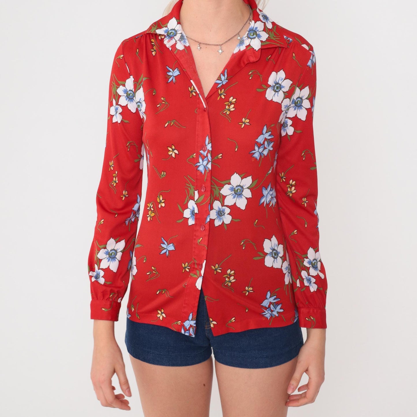 70s Red Floral Polyester Button-Up Blouse White Blue Poppy Print Small