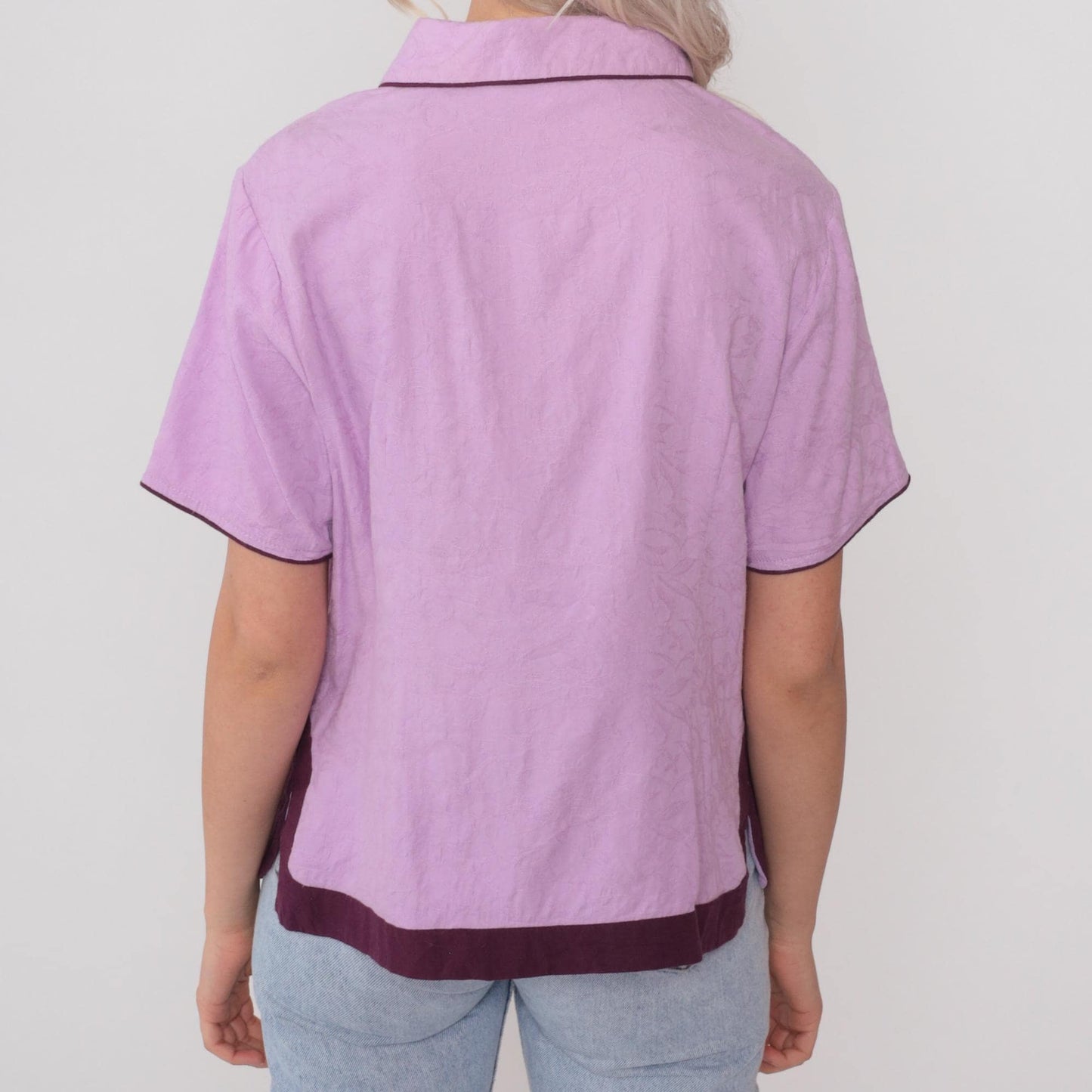 Y2K Lotus Flower Silk Henley Top Lavender Purple Piping Short Sleeve Large L