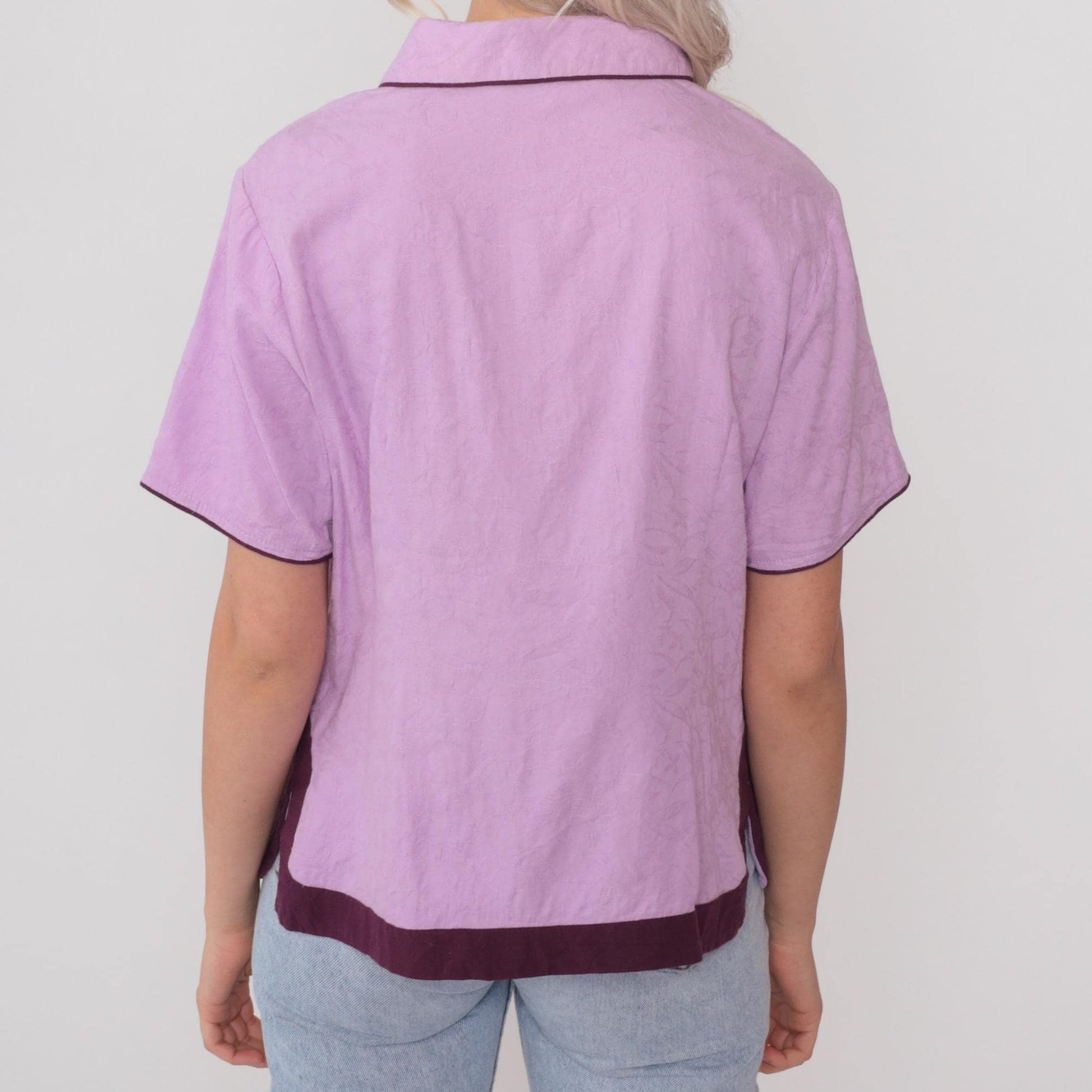 Y2K Lotus Flower Silk Henley Top Lavender Purple Piping Short Sleeve Large L