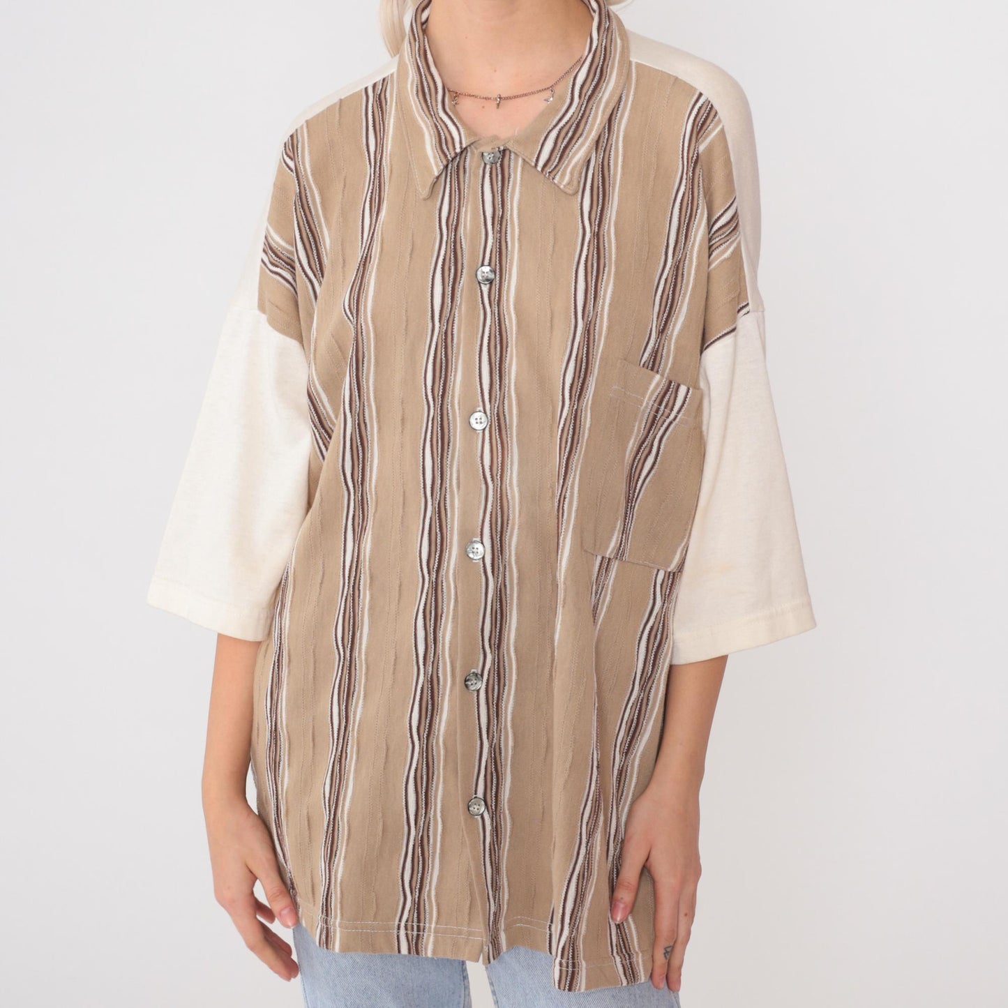 90s Raw Rags Striped Colorblock Button Up Shirt Tan Cream Brown Large L