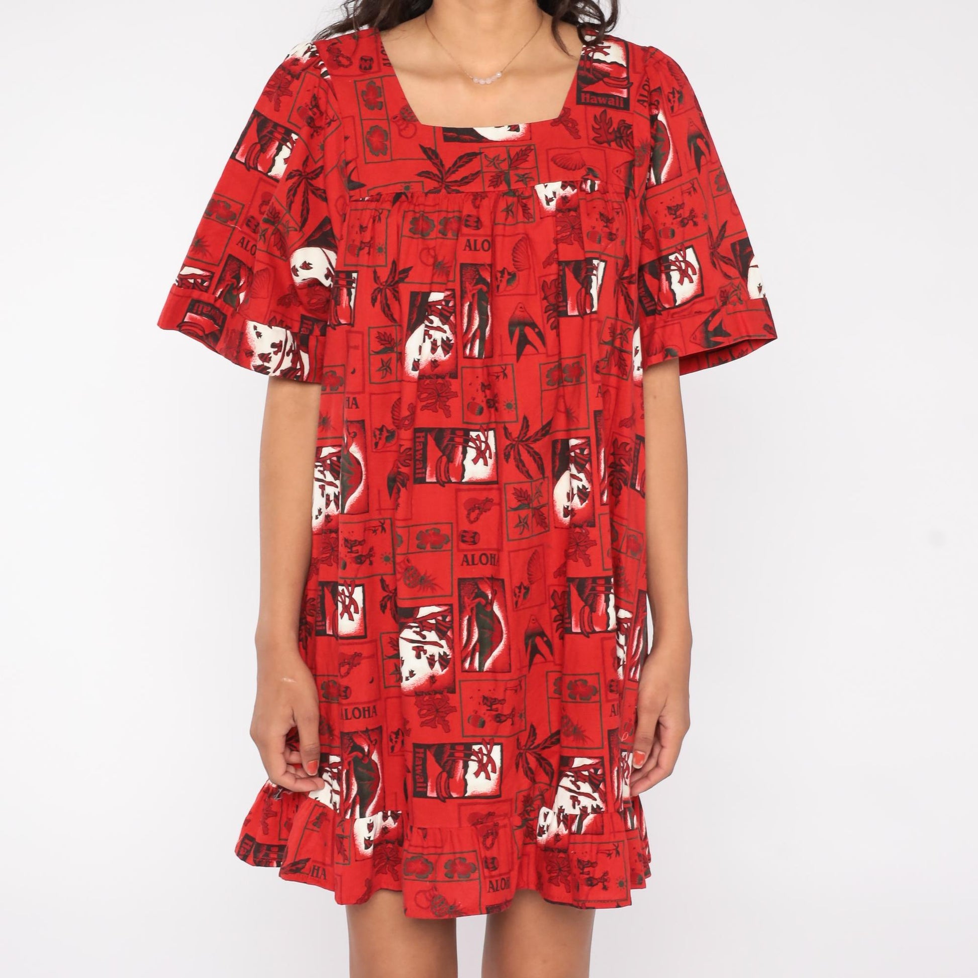 80s Hawaiian Cotton Mini Dress Pineapple Aloha Block Print Red Extra Large